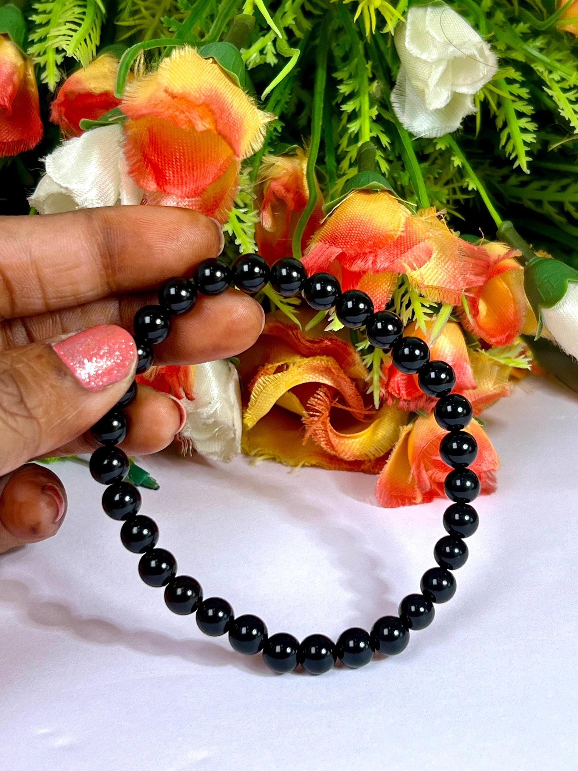 6.8 MM TIBETAN Black Tektite Glass Stone Bracelet l Stretchable Bracelet l Unisex Bracelet