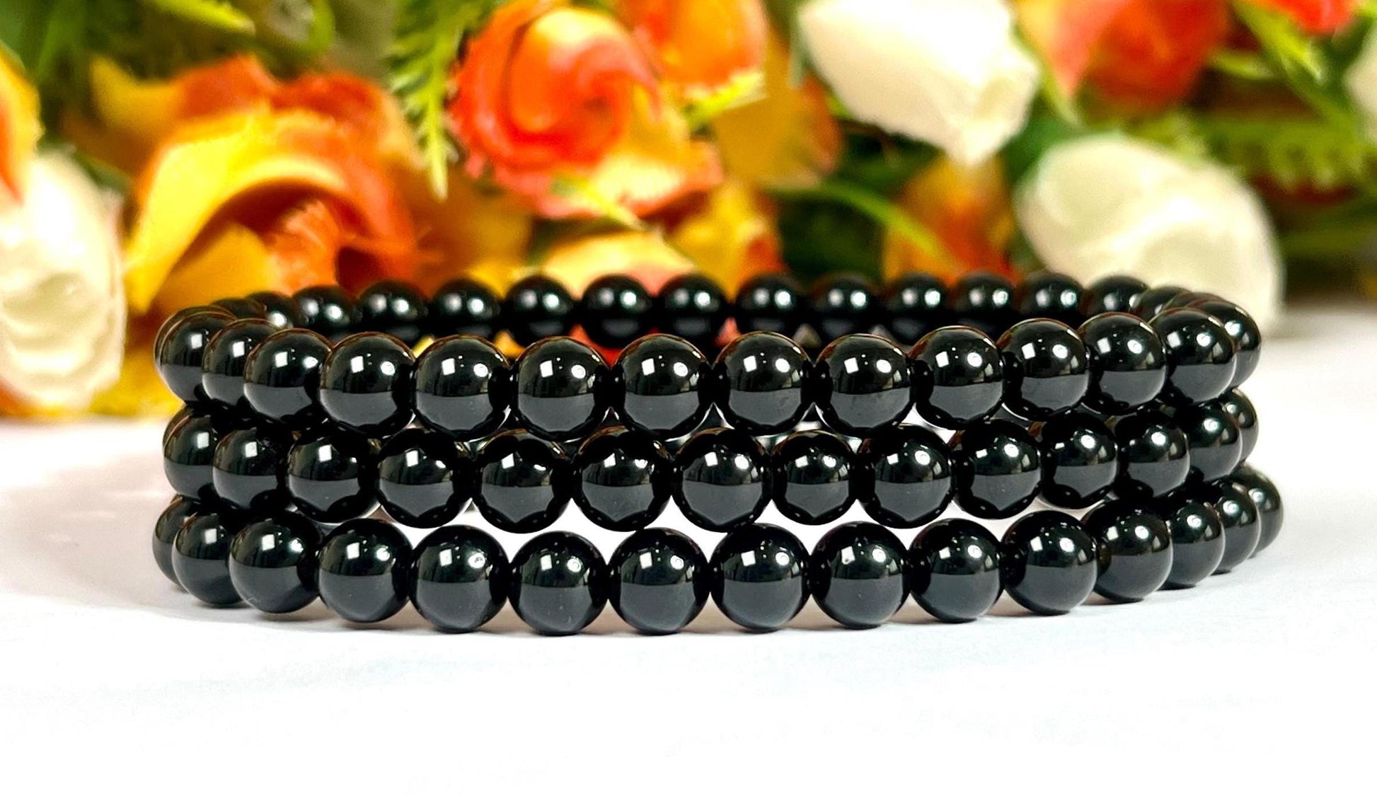 6.8 MM TIBETAN Black Tektite Glass Stone Bracelet l Stretchable Bracelet l Unisex Bracelet