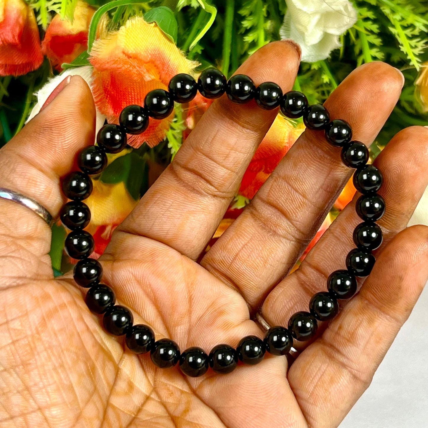 6.8 MM TIBETAN Black Tektite Glass Stone Bracelet l Stretchable Bracelet l Unisex Bracelet
