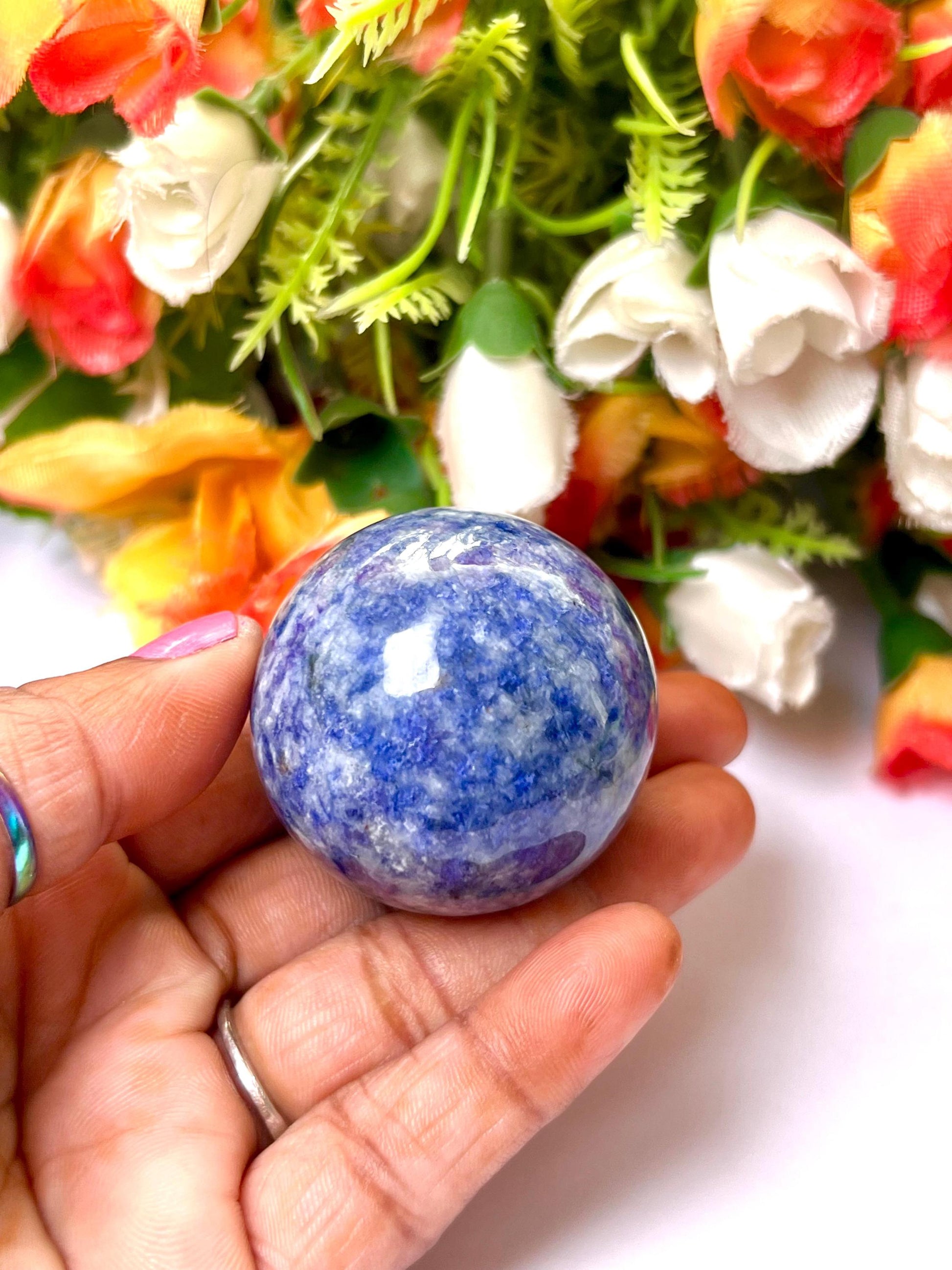 Sodalite Stone Sphere 40 MM Crystal Ball Orb Pocket Stone Meditation Space Crystal Grid With wooden Stand
