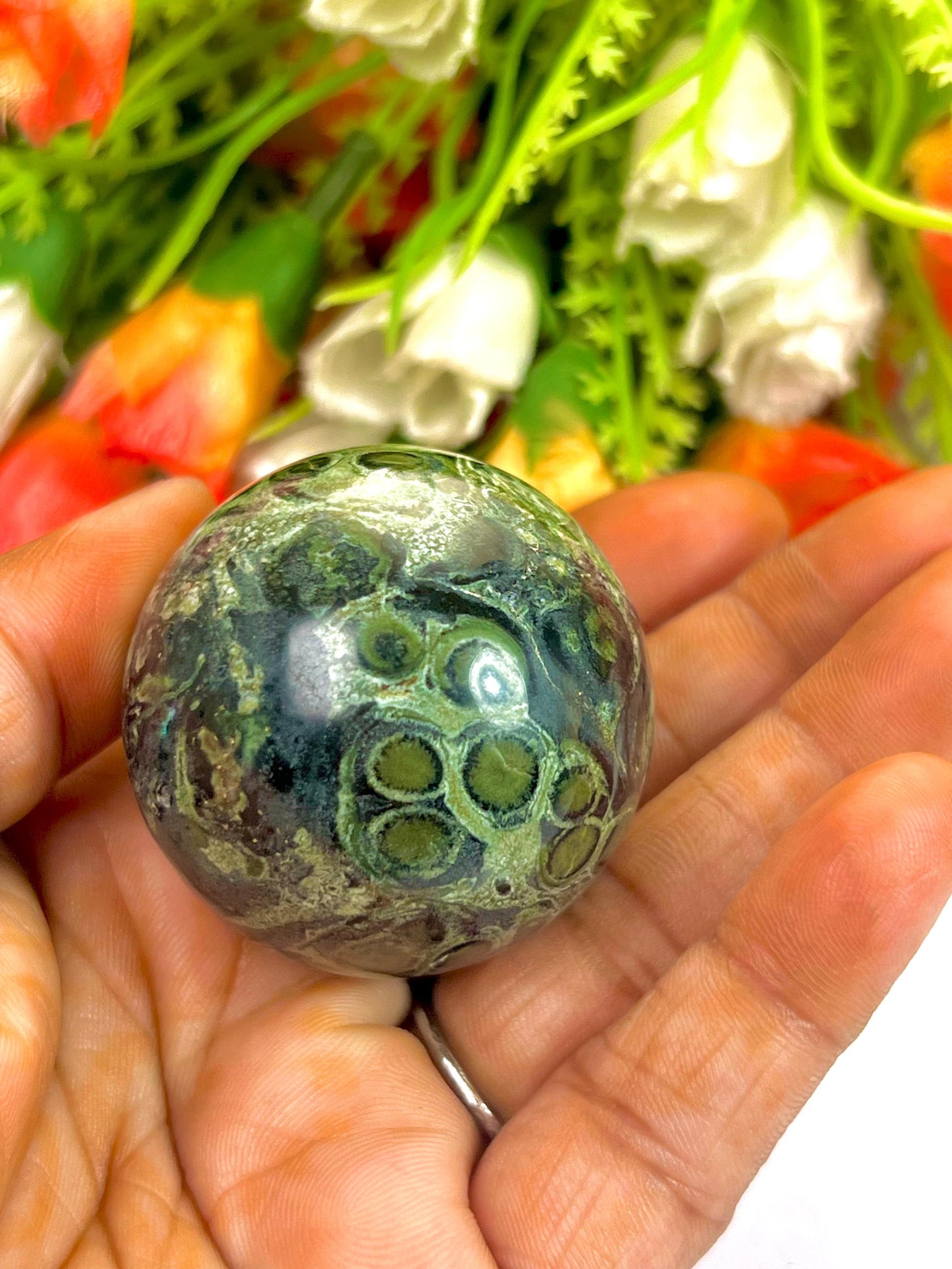 Kambaba Stone Sphere 40 MM Crystal Ball Orb Pocket Stone Meditation Space Crystal Grid With wooden Stand