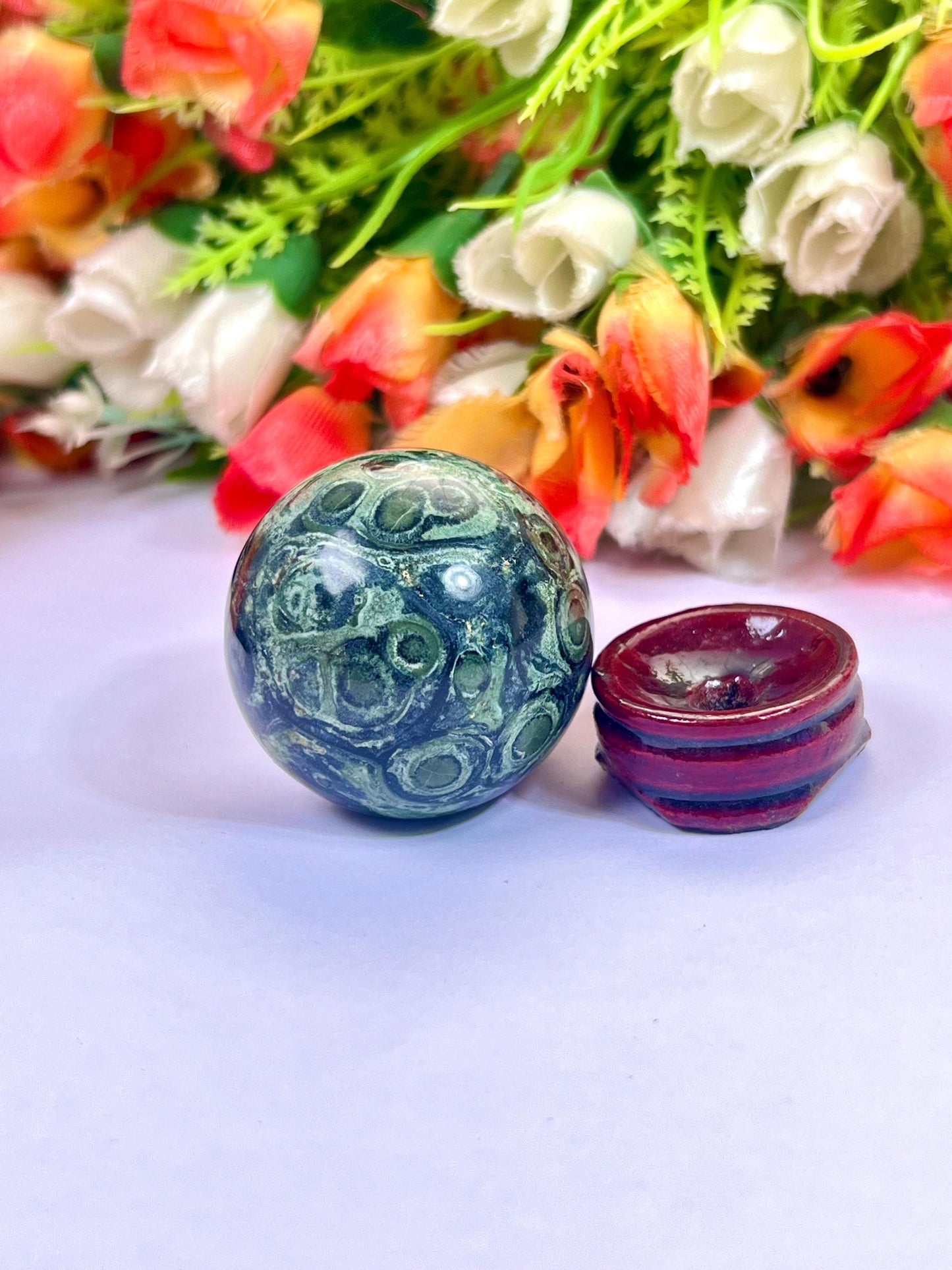 Kambaba Stone Sphere 40 MM Crystal Ball Orb Pocket Stone Meditation Space Crystal Grid With wooden Stand