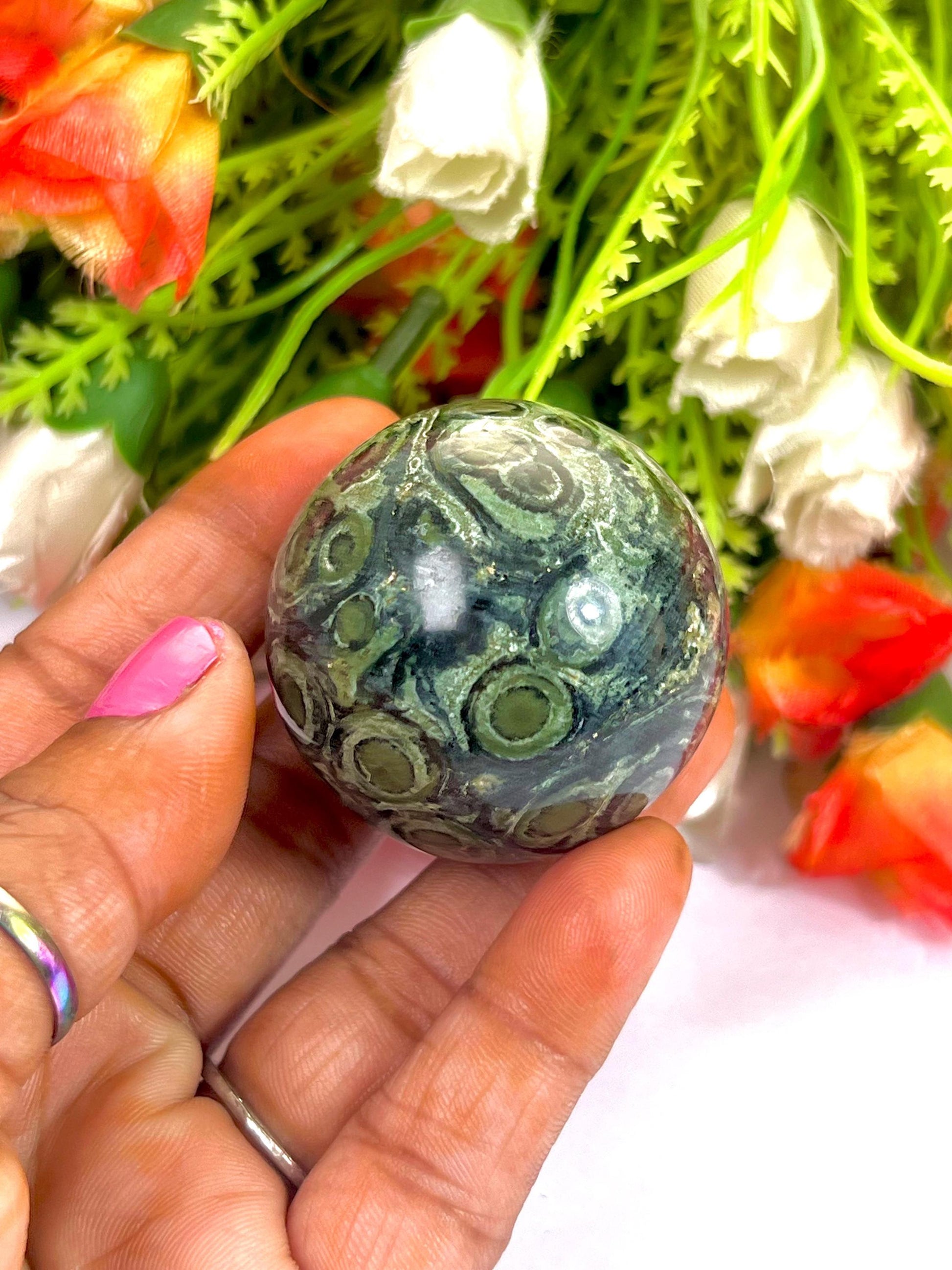 Kambaba Stone Sphere 40 MM Crystal Ball Orb Pocket Stone Meditation Space Crystal Grid With wooden Stand