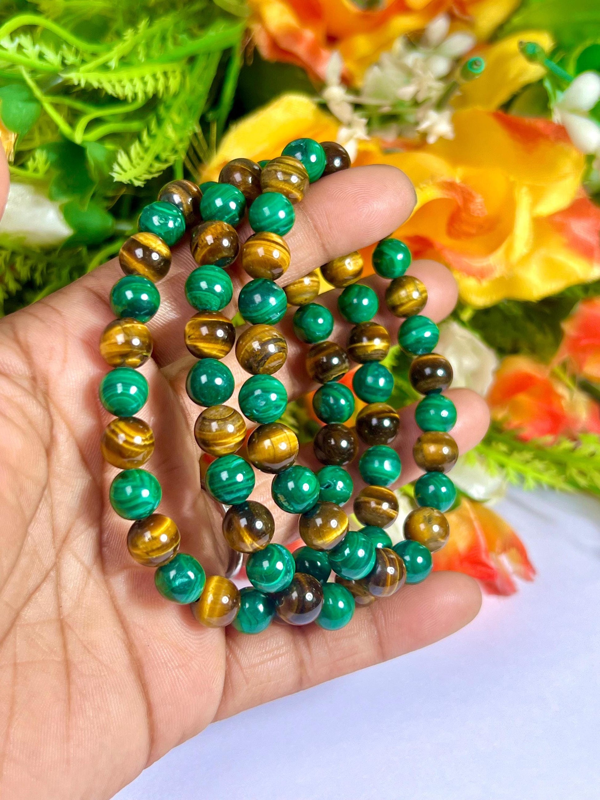 Malachite and Tiger's eye Stone Bracelet l Stretchable Bracelet l Unisex Bracelet l 8 MM Bracelet