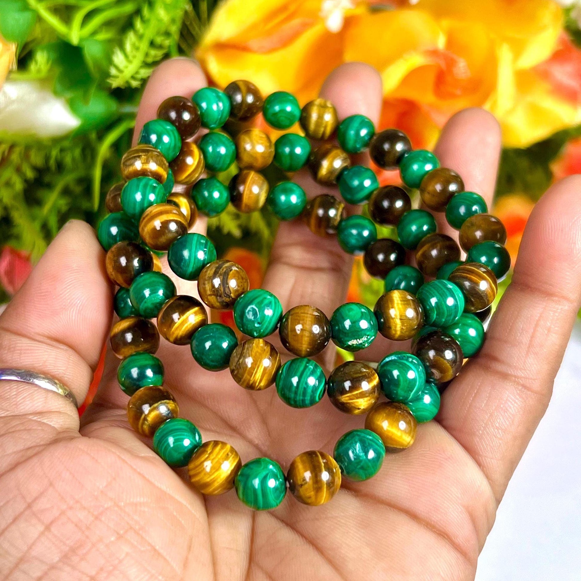 Malachite and Tiger's eye Stone Bracelet l Stretchable Bracelet l Unisex Bracelet l 8 MM Bracelet