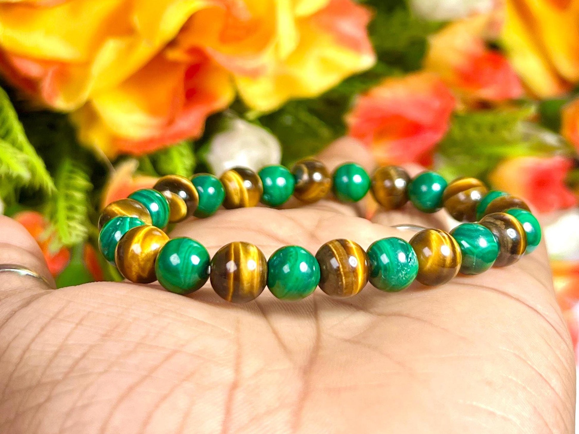 Malachite and Tiger's eye Stone Bracelet l Stretchable Bracelet l Unisex Bracelet l 8 MM Bracelet