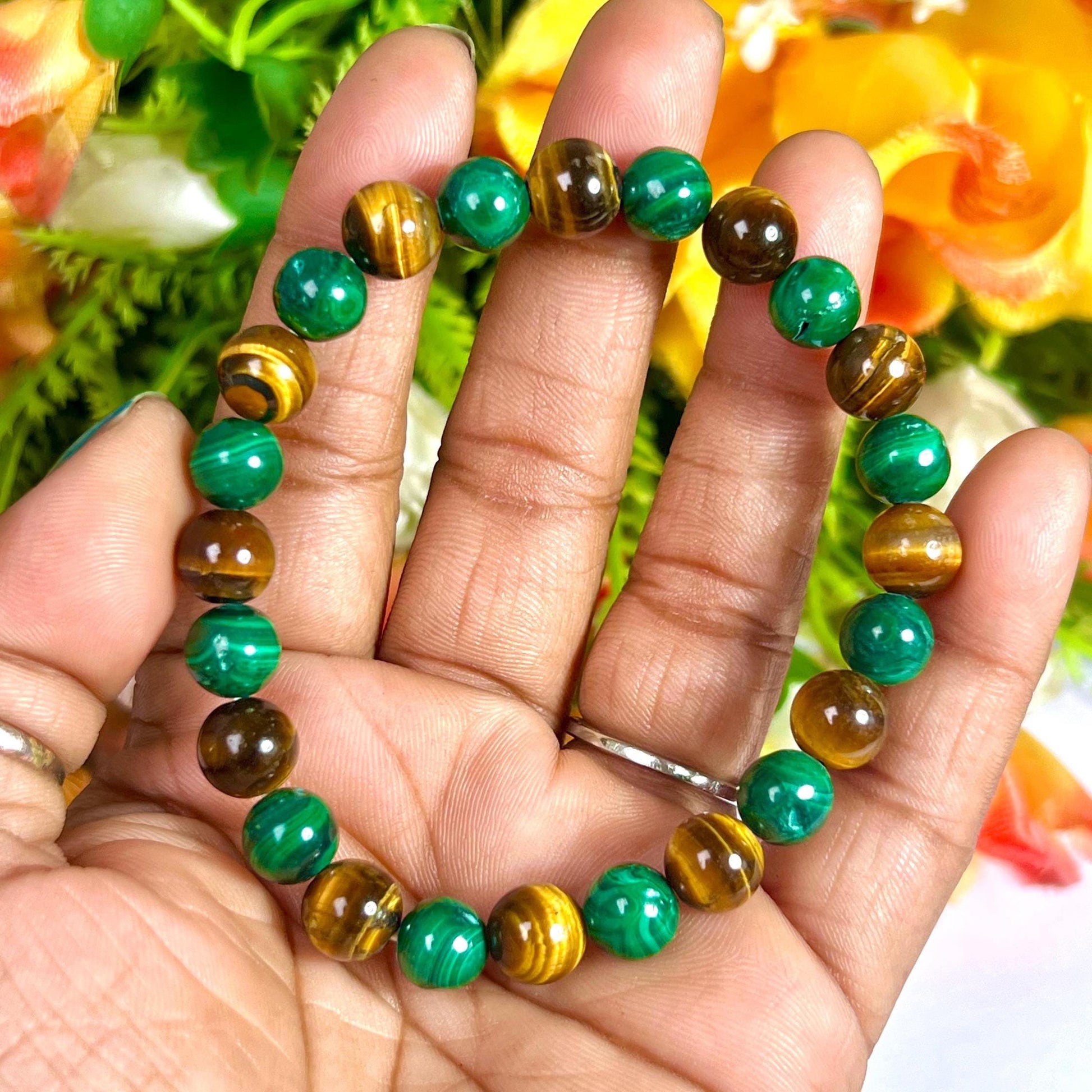 Malachite and Tiger's eye Stone Bracelet l Stretchable Bracelet l Unisex Bracelet l 8 MM Bracelet