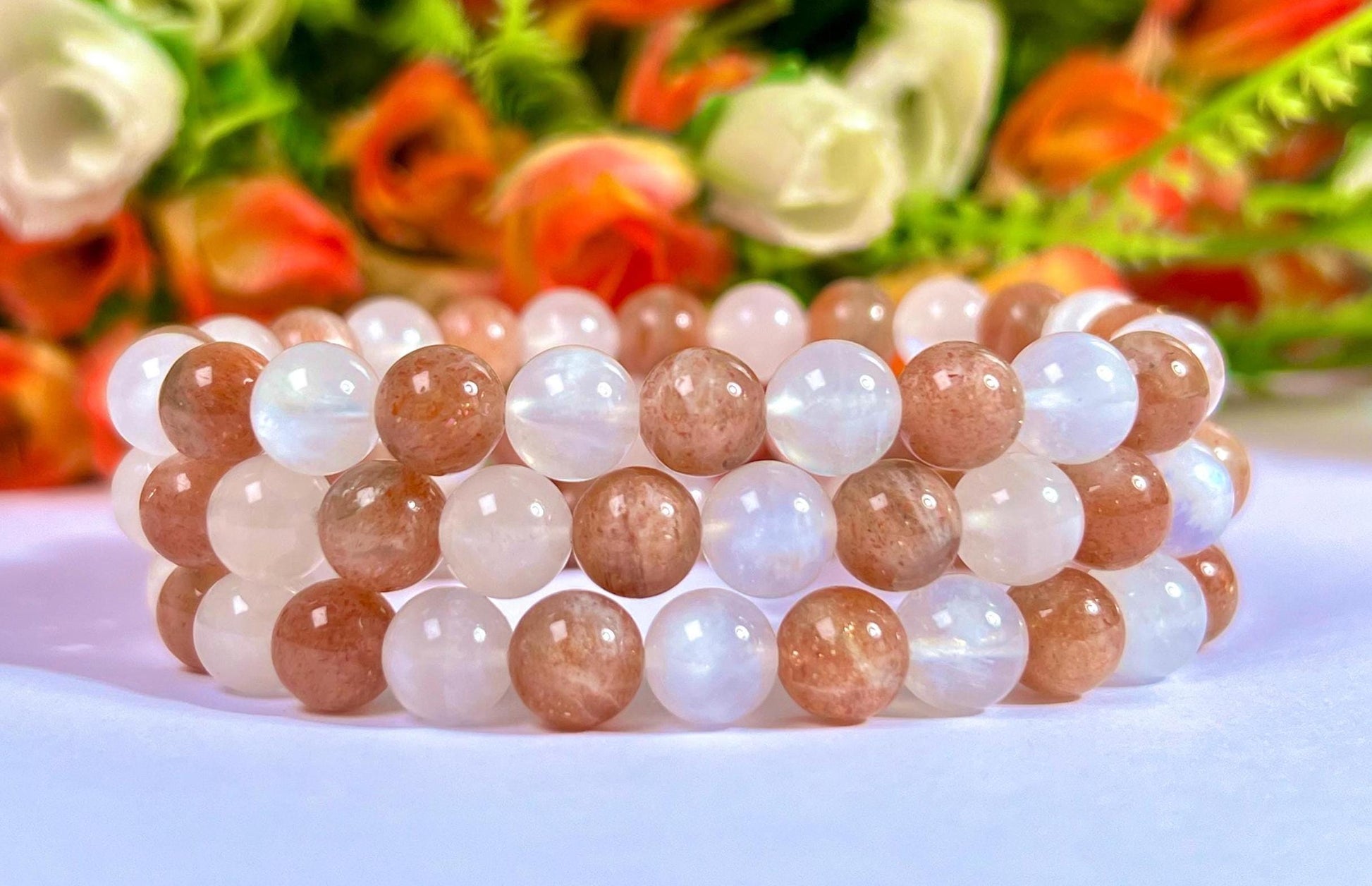 Sunstone and Rainbow Moonstone Stone Bracelet l Stretchable Bracelet l Unisex Bracelet l 8 MM Bracelet