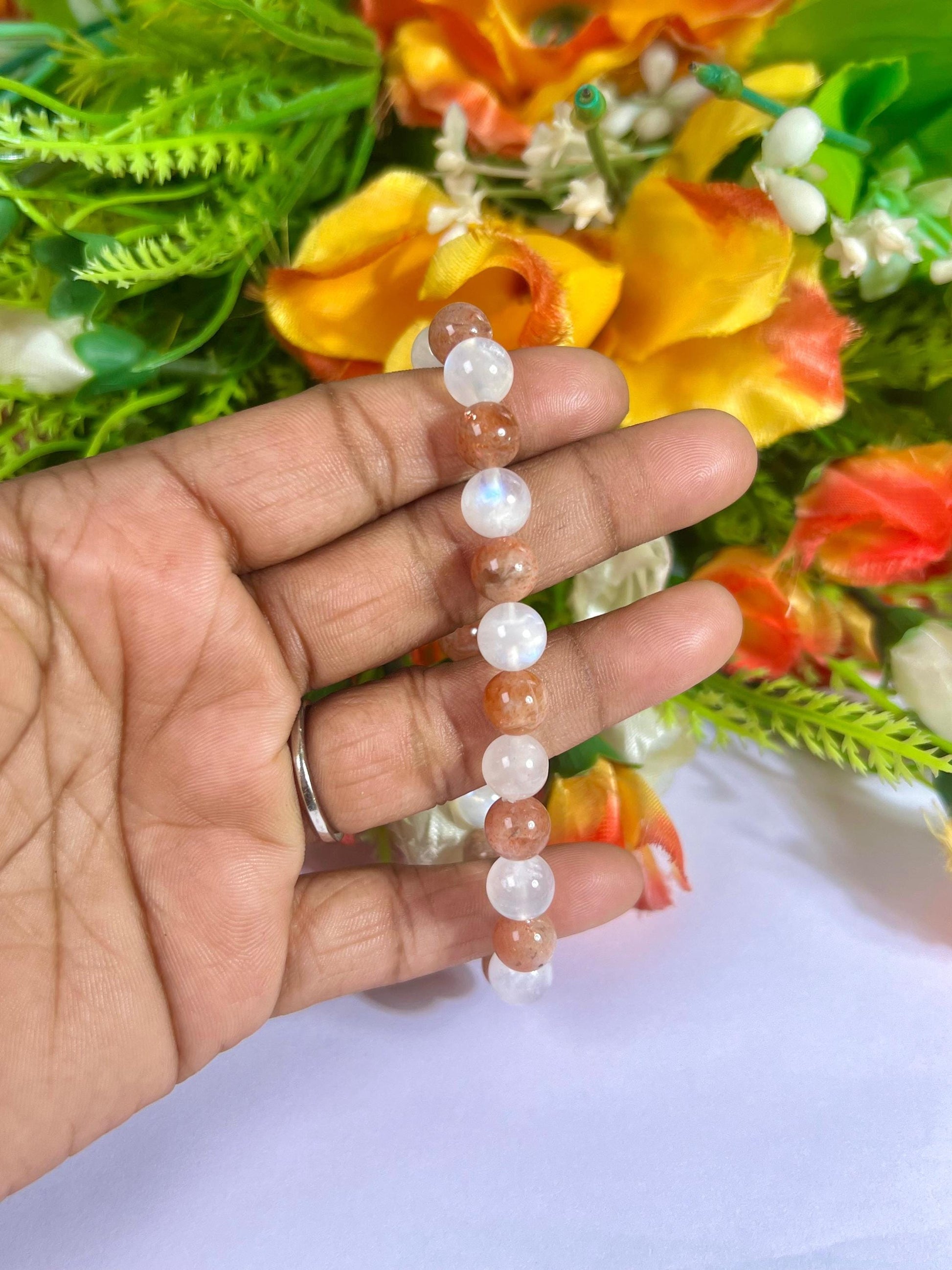 Sunstone and Rainbow Moonstone Stone Bracelet l Stretchable Bracelet l Unisex Bracelet l 8 MM Bracelet