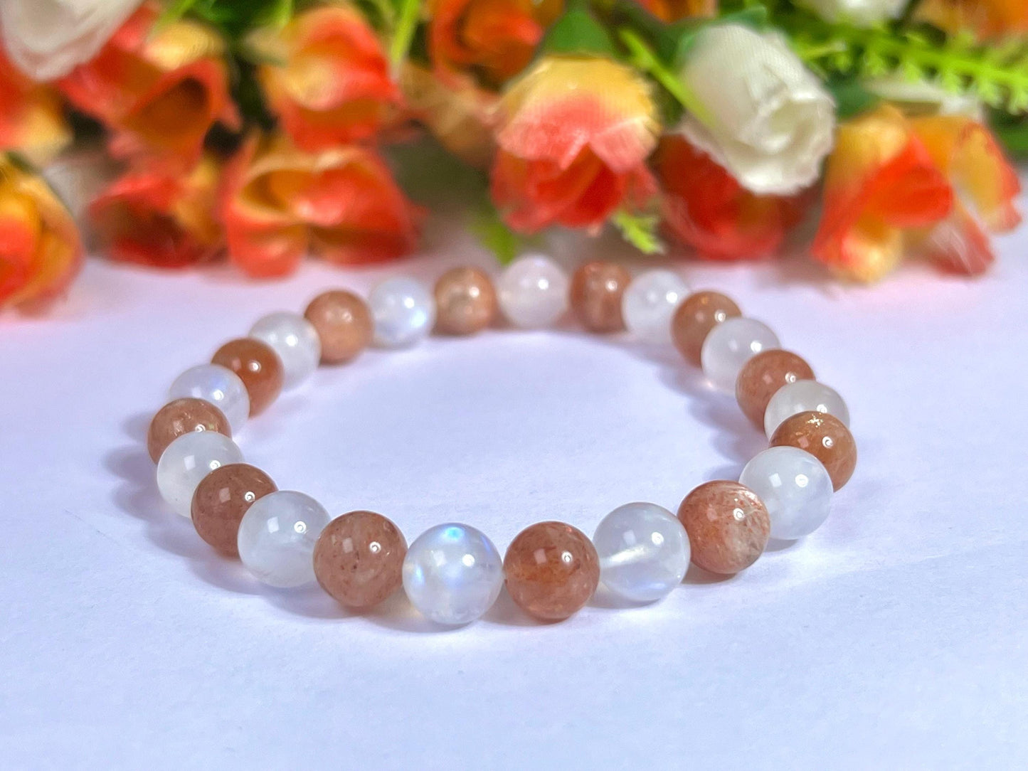 Sunstone and Rainbow Moonstone Stone Bracelet l Stretchable Bracelet l Unisex Bracelet l 8 MM Bracelet