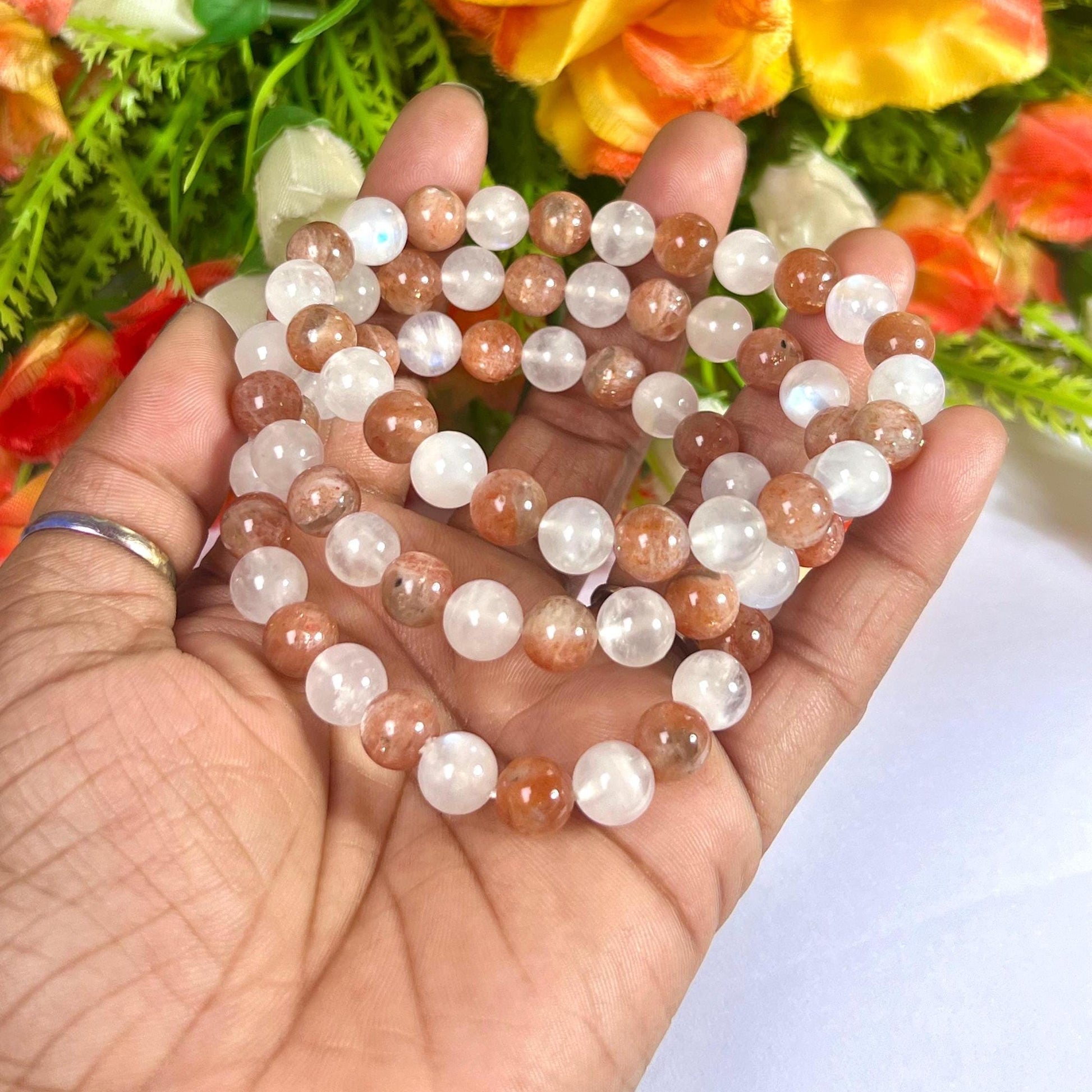 Sunstone and Rainbow Moonstone Stone Bracelet l Stretchable Bracelet l Unisex Bracelet l 8 MM Bracelet
