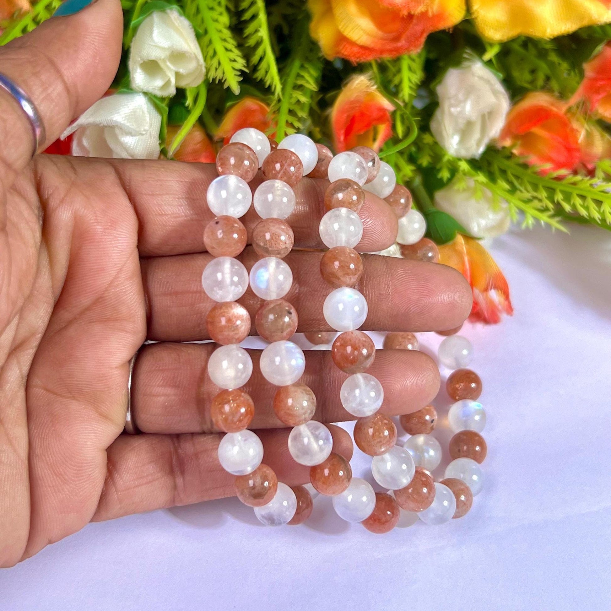 Sunstone and Rainbow Moonstone Stone Bracelet l Stretchable Bracelet l Unisex Bracelet l 8 MM Bracelet