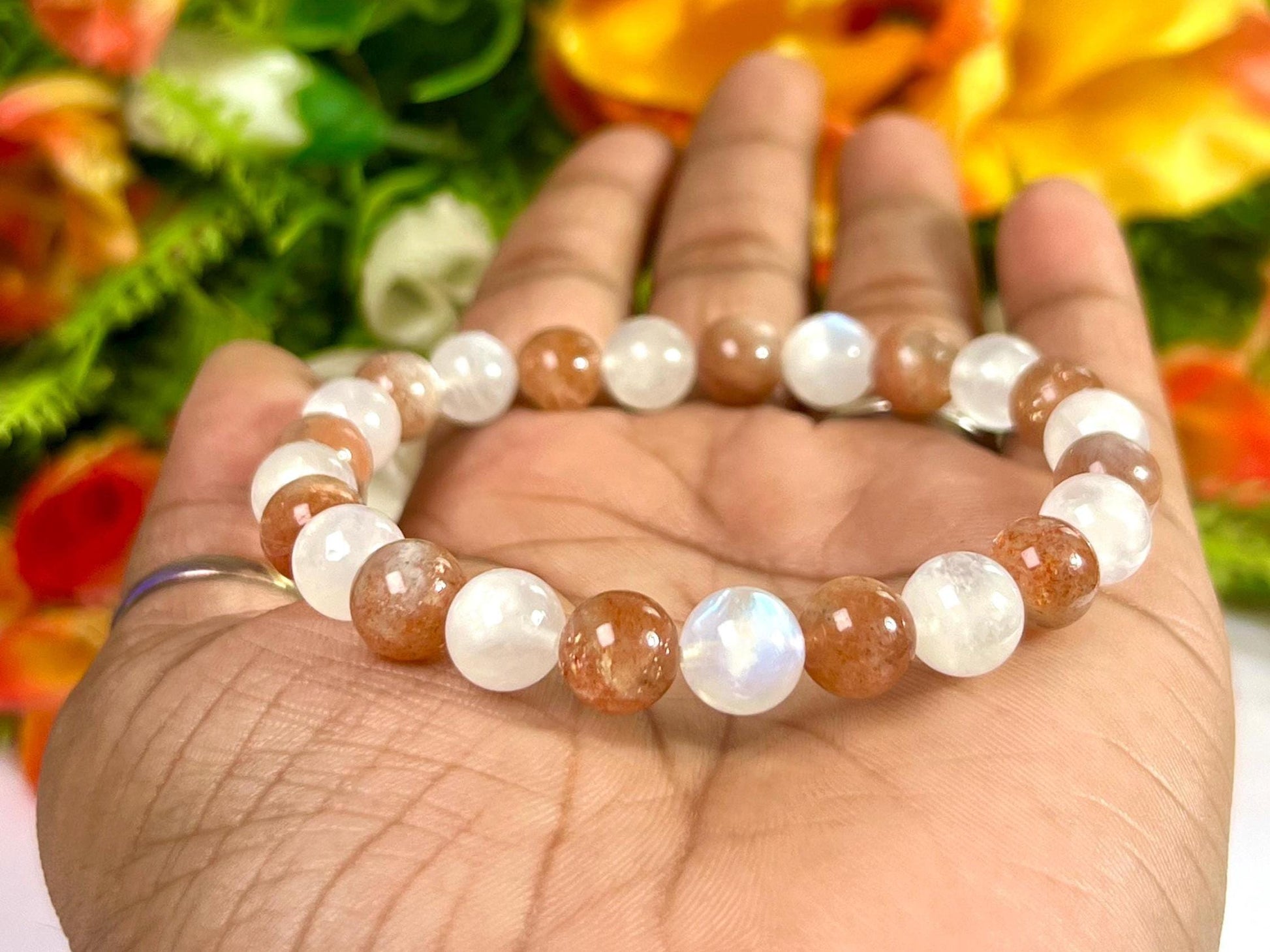 Sunstone and Rainbow Moonstone Stone Bracelet l Stretchable Bracelet l Unisex Bracelet l 8 MM Bracelet
