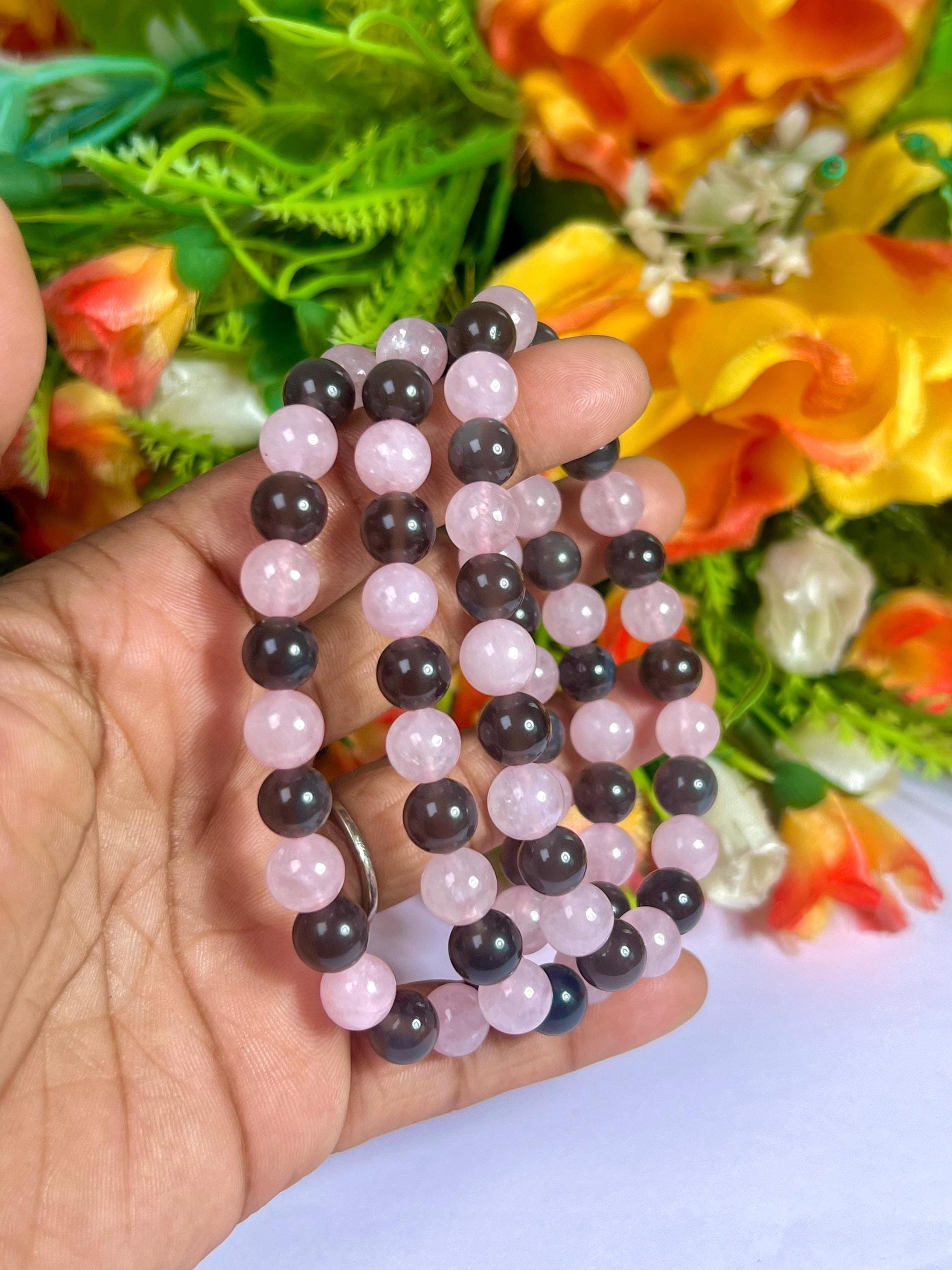 Apache Tears and Rose Quartz Stone Bracelet l Stretchable Bracelet l Unisex Bracelet l 8 MM Bracelet