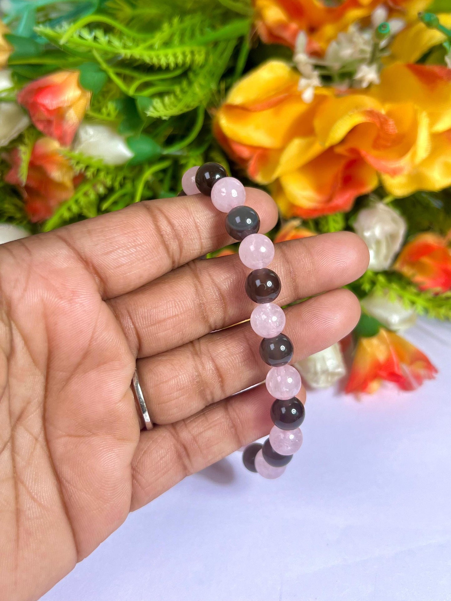 Apache Tears and Rose Quartz Stone Bracelet l Stretchable Bracelet l Unisex Bracelet l 8 MM Bracelet