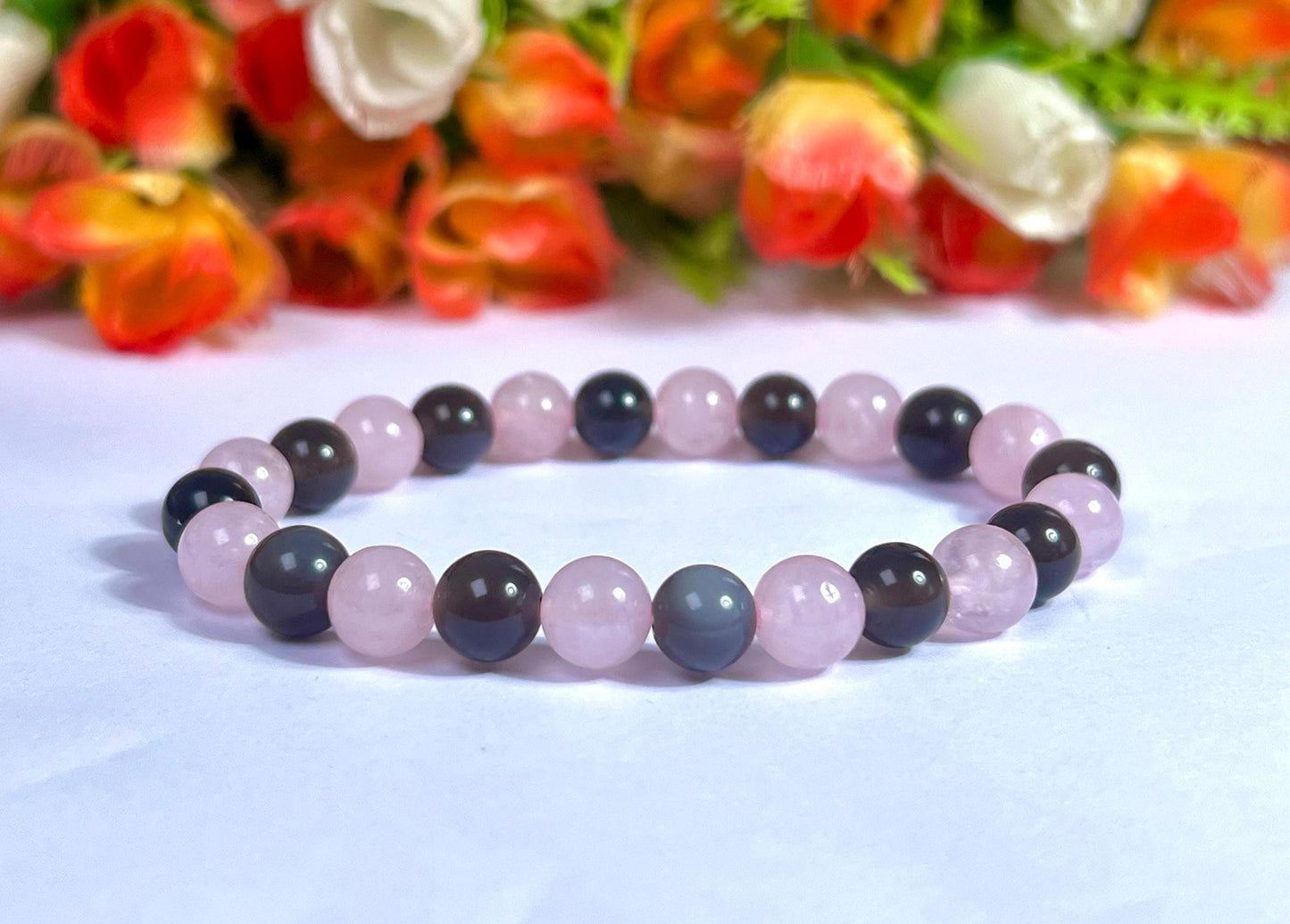 Apache Tears and Rose Quartz Stone Bracelet l Stretchable Bracelet l Unisex Bracelet l 8 MM Bracelet