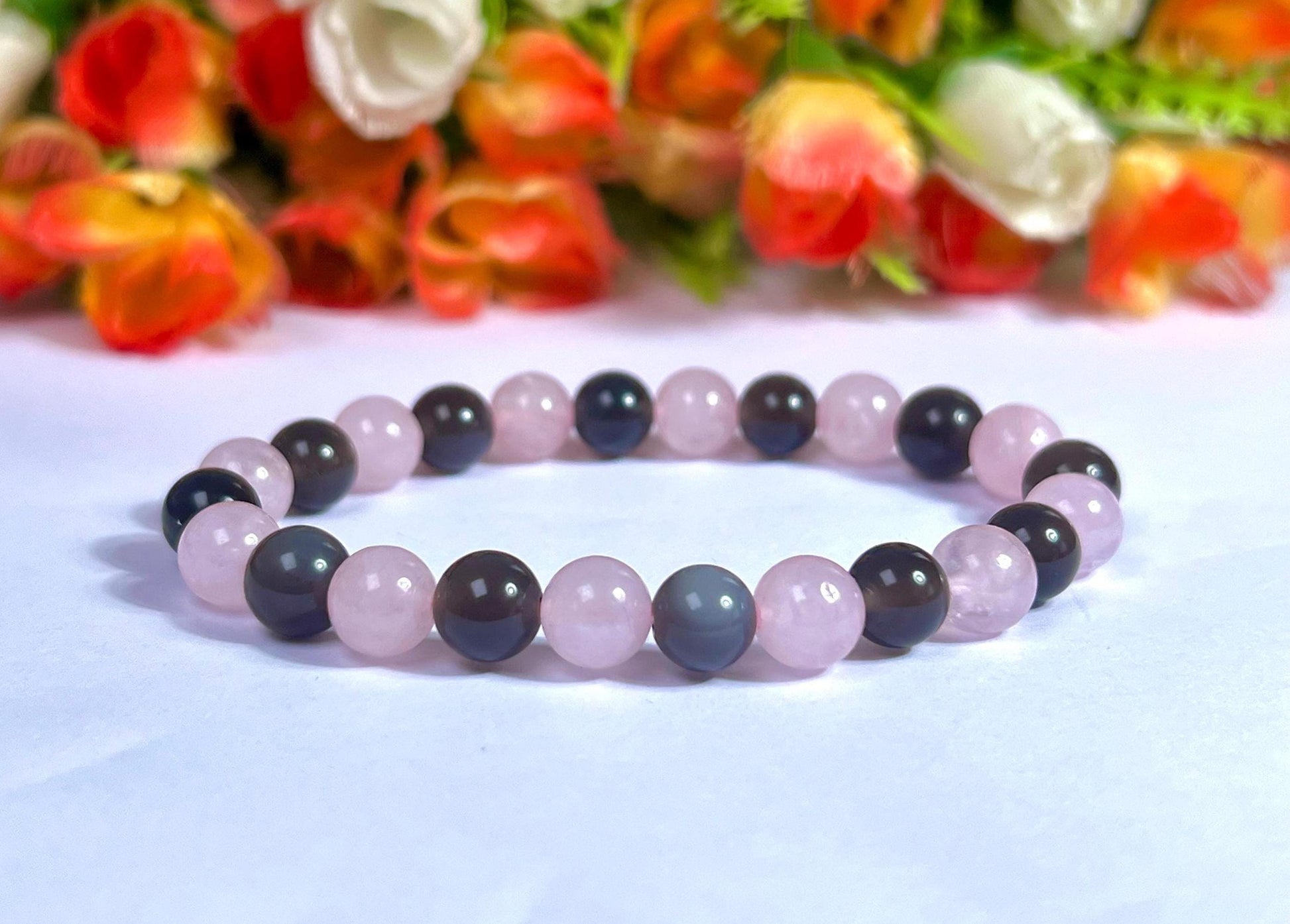 Apache Tears and Rose Quartz Stone Bracelet l Stretchable Bracelet l Unisex Bracelet l 8 MM Bracelet