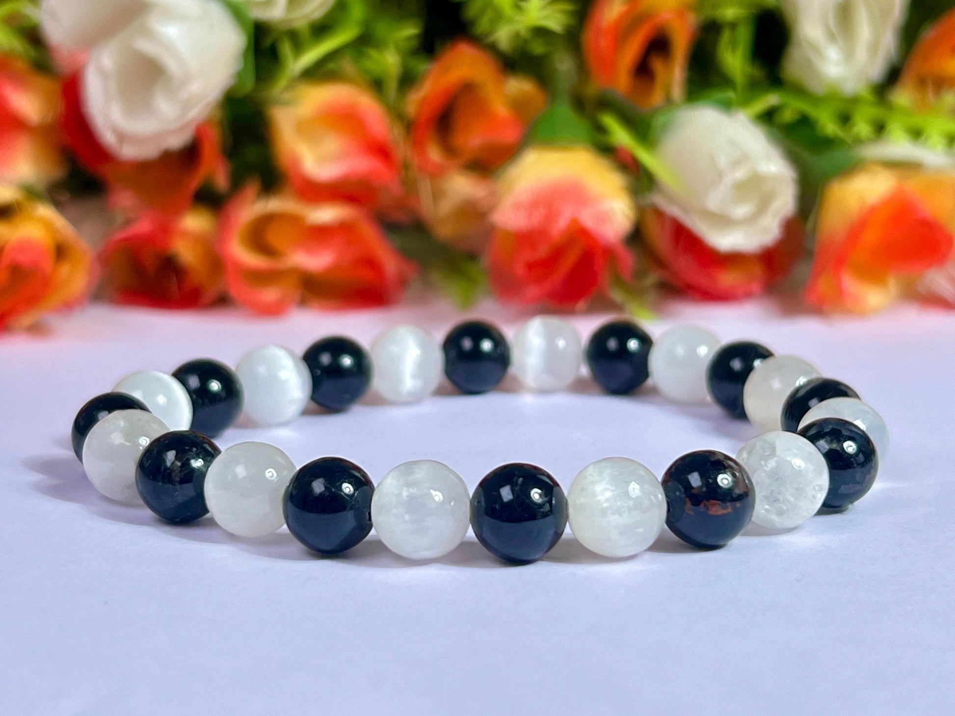 Black Tourmaline and Selenite Stone Bracelet l Stretchable Bracelet l Unisex Bracelet l 8 MM Bracelet