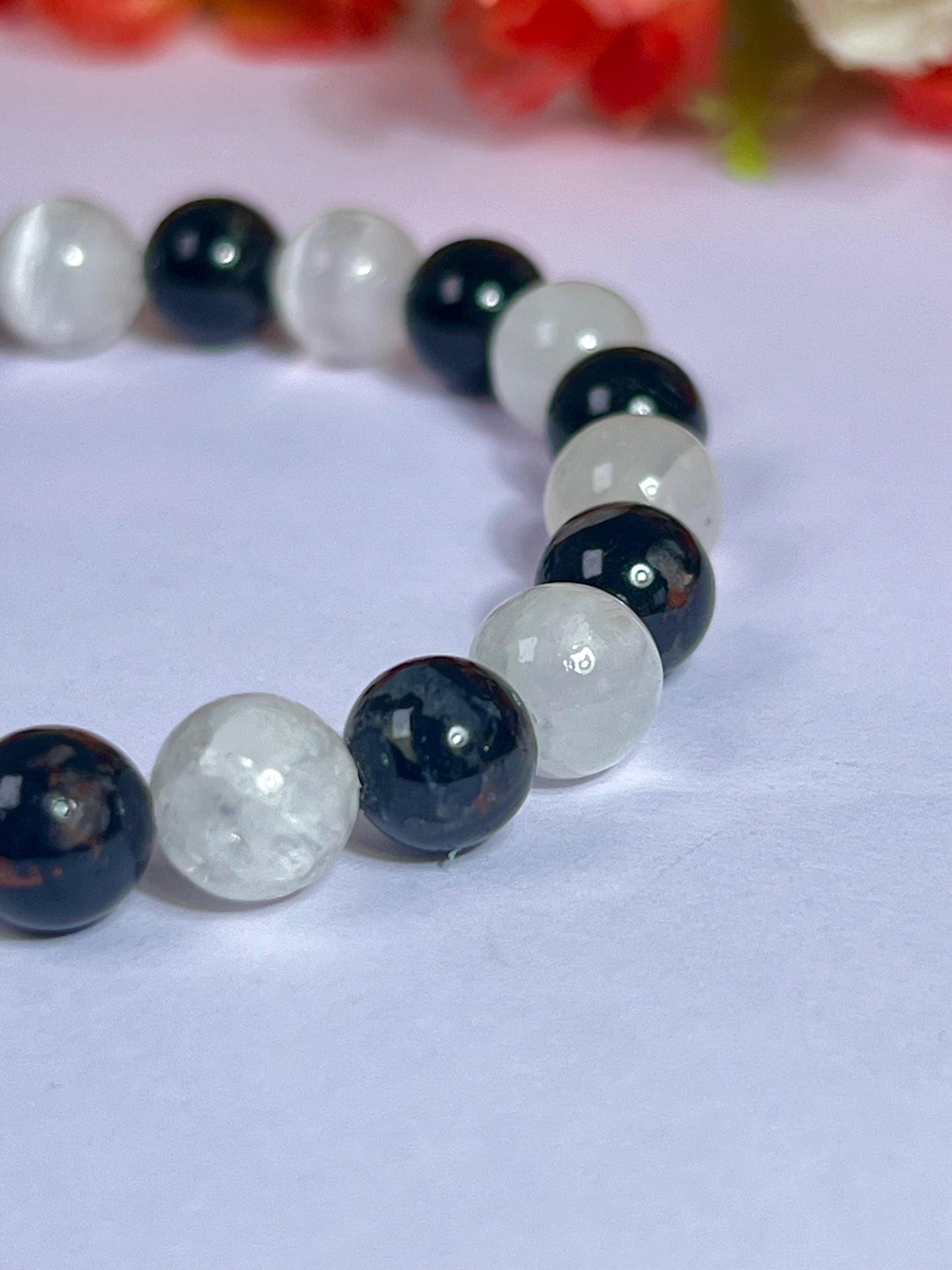 Black Tourmaline and Selenite Stone Bracelet l Stretchable Bracelet l Unisex Bracelet l 8 MM Bracelet