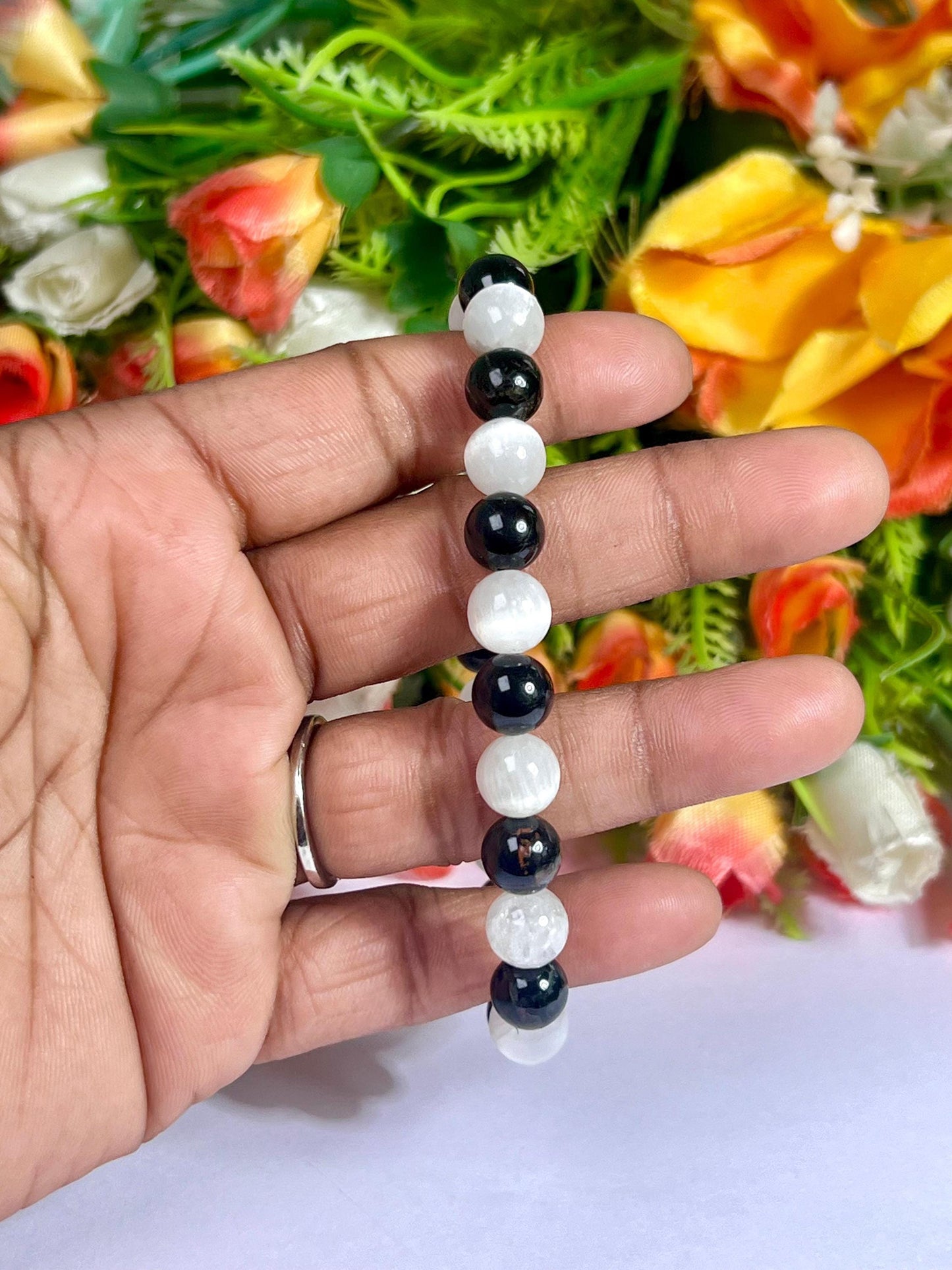 Black Tourmaline and Selenite Stone Bracelet l Stretchable Bracelet l Unisex Bracelet l 8 MM Bracelet
