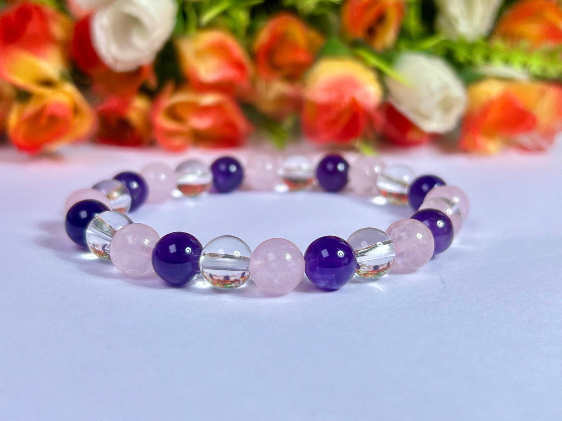 Rose Quartz Amethyst and Himalaya Crystal Stone Bracelet l Stretchable Bracelet l Unisex Bracelet l 8 MM Bracelet