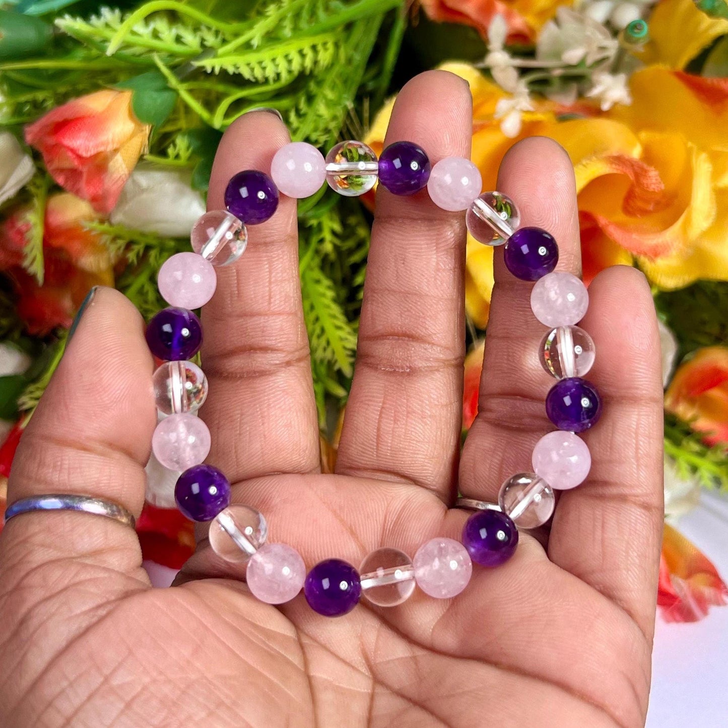 Rose Quartz Amethyst and Himalaya Crystal Stone Bracelet l Stretchable Bracelet l Unisex Bracelet l 8 MM Bracelet