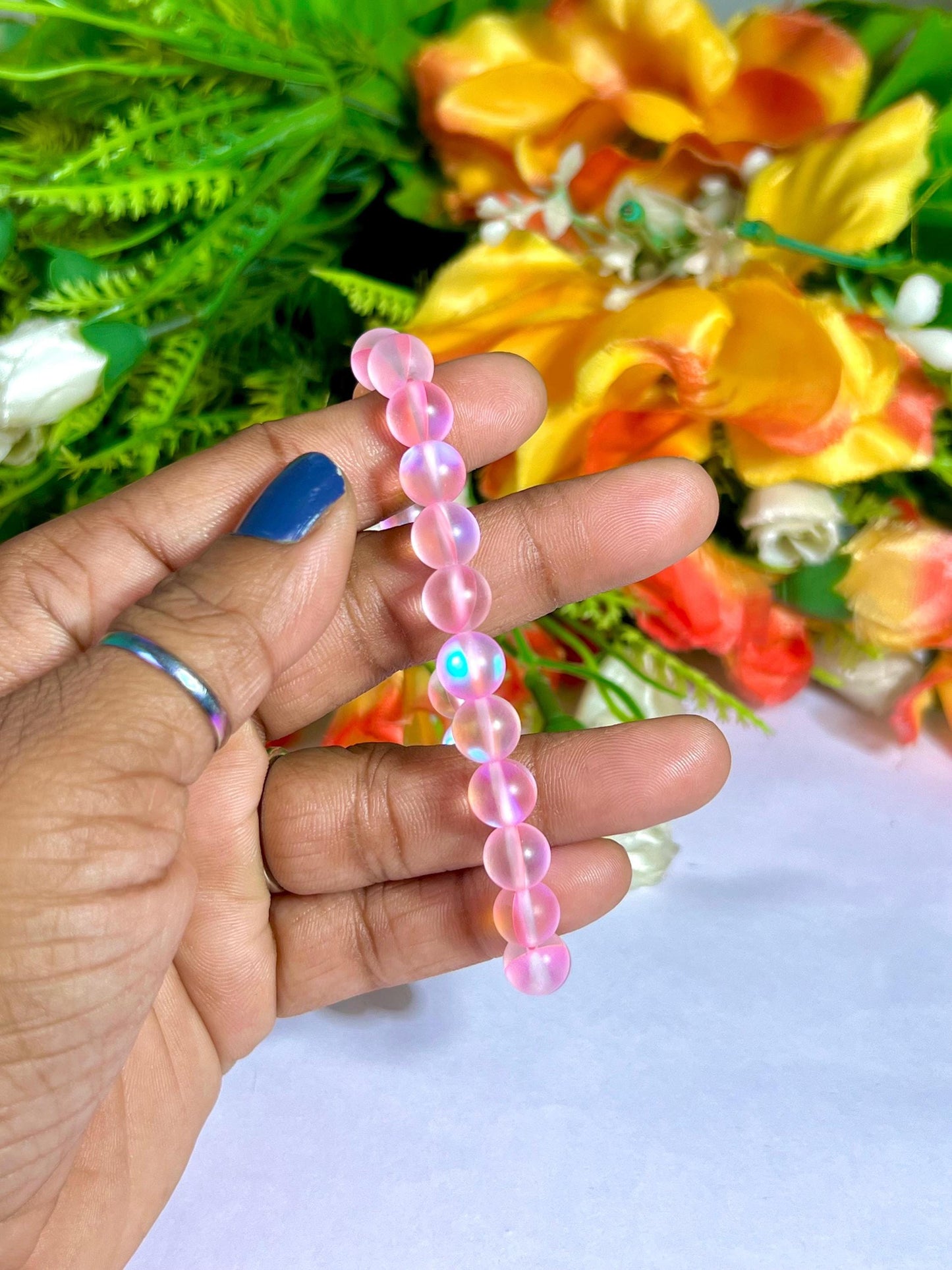 Pink Rose Aura Quartz Stone Bracelet l Stretchable Bracelet l Unisex Bracelet l 8 MM Bracelet