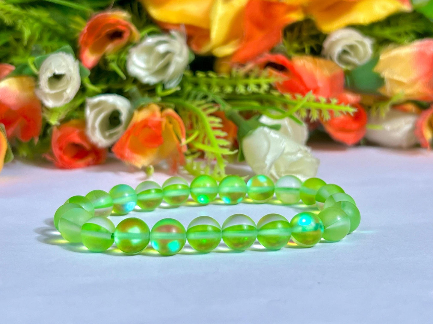 Peridot Aura Quartz Stone Bracelet l Stretchable Bracelet l Unisex Bracelet l 8 MM Bracelet