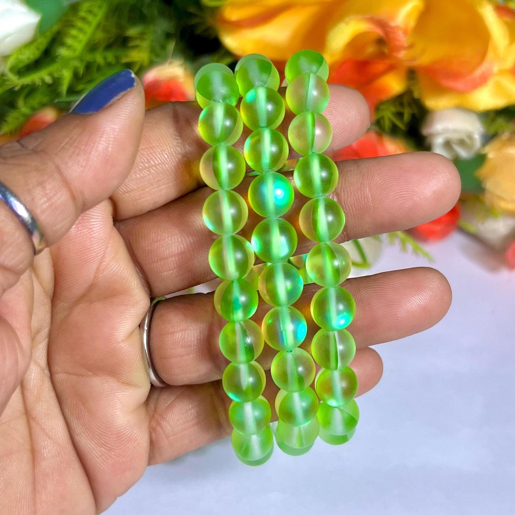 Peridot Aura Quartz Stone Bracelet l Stretchable Bracelet l Unisex Bracelet l 8 MM Bracelet