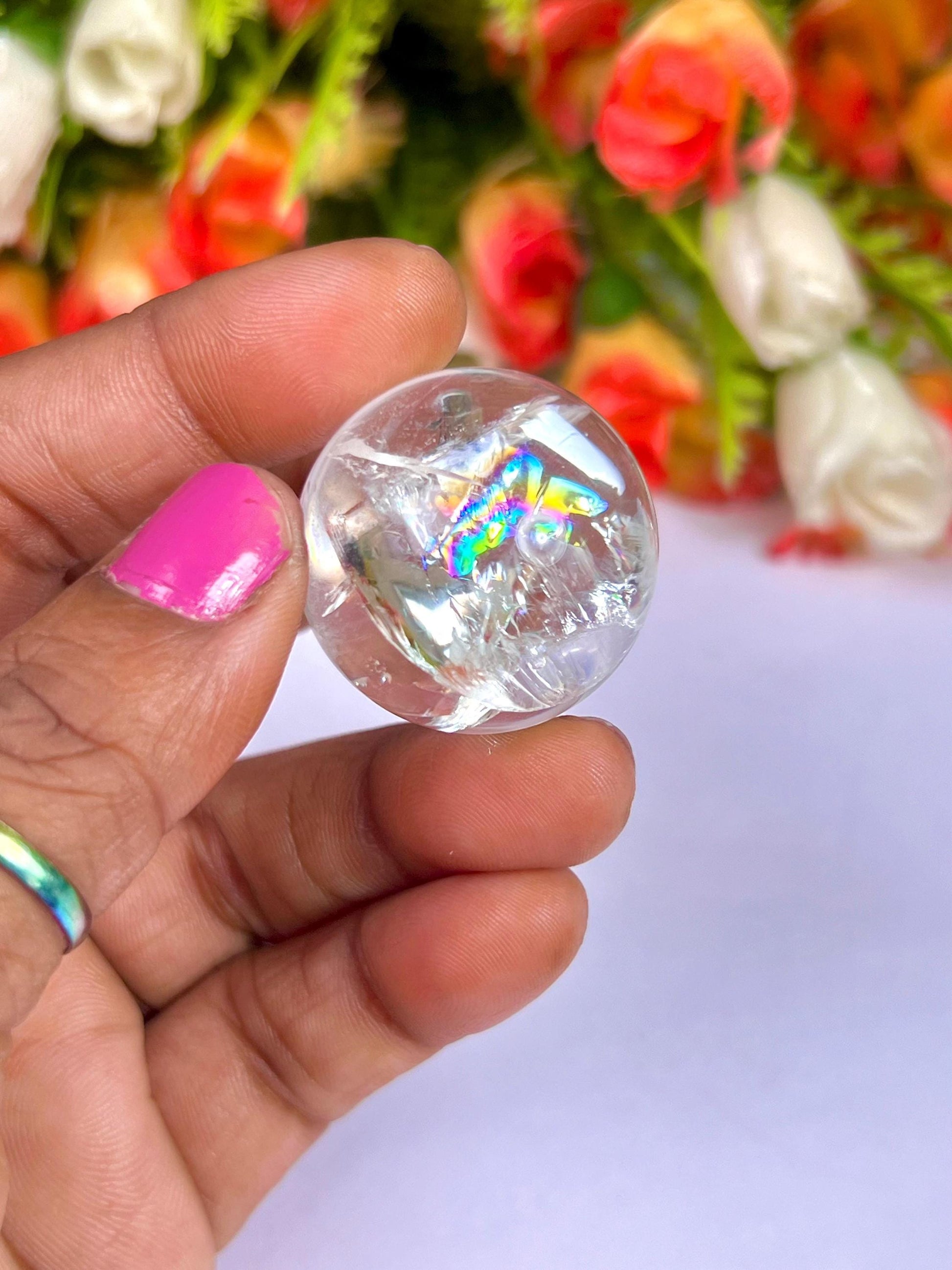 Rainbow Satyaloka Quartz Stone Sphere 25 MM to 30 MM Crystal Ball Orb Pocket Stone Meditation Space Crystal Grid With wooden Stand