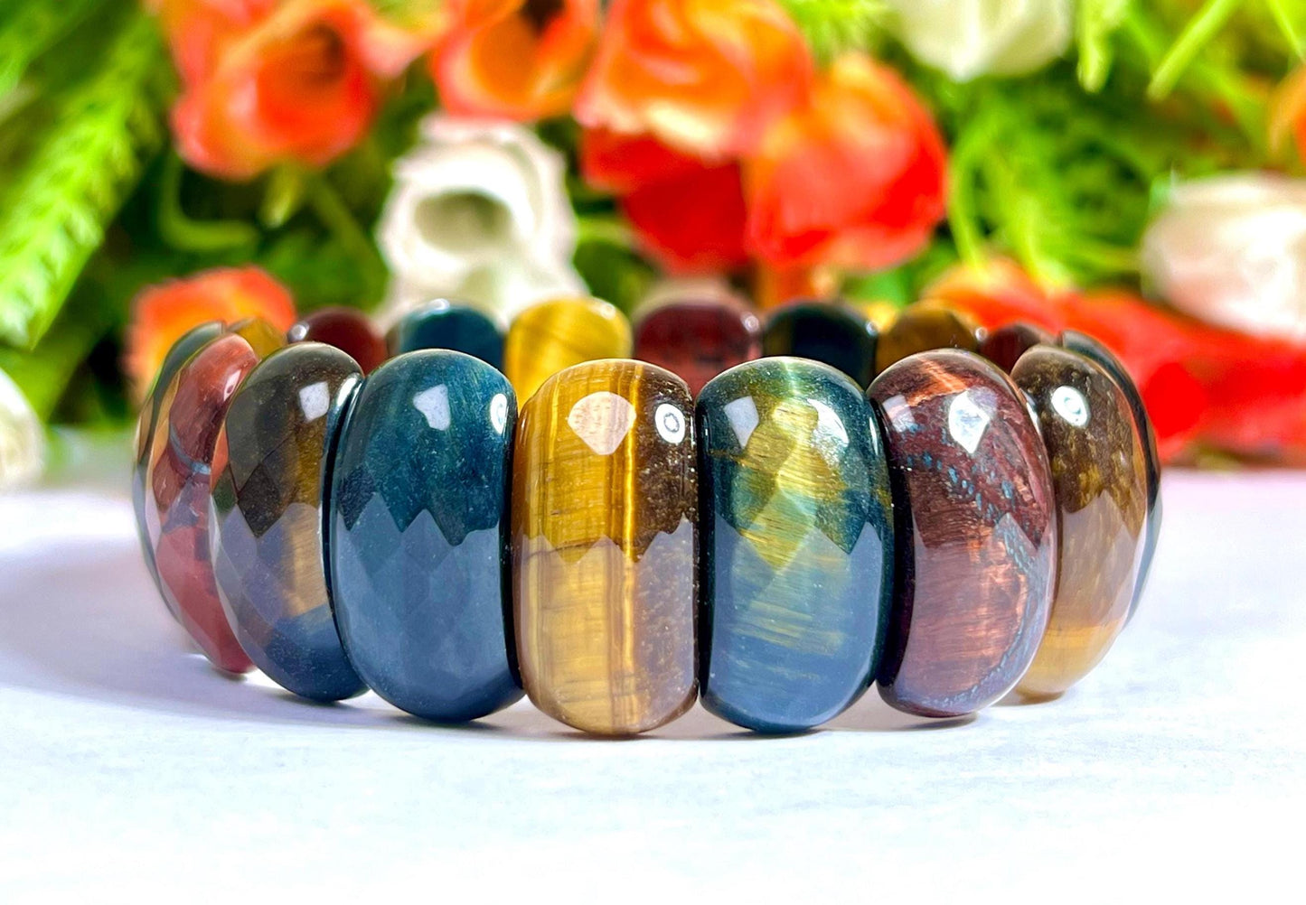 25 MM 3 Color Tiger Eye Stone Bracelet l Blue Tiger Eye ,Red Tiger Eye and Yellow Tiger Eye l Stretchable Bracelet High Grade