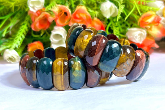 25 MM 3 Color Tiger Eye Stone Bracelet l Blue Tiger Eye ,Red Tiger Eye and Yellow Tiger Eye l Stretchable Bracelet High Grade