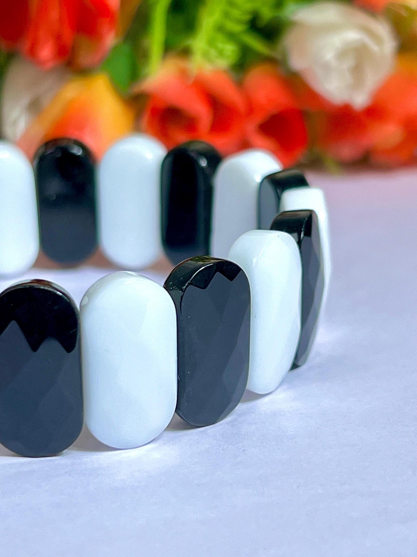 20 MM Black Azeztulite and White Azeztulite Stone Bracelet l Stretchable Bracelet