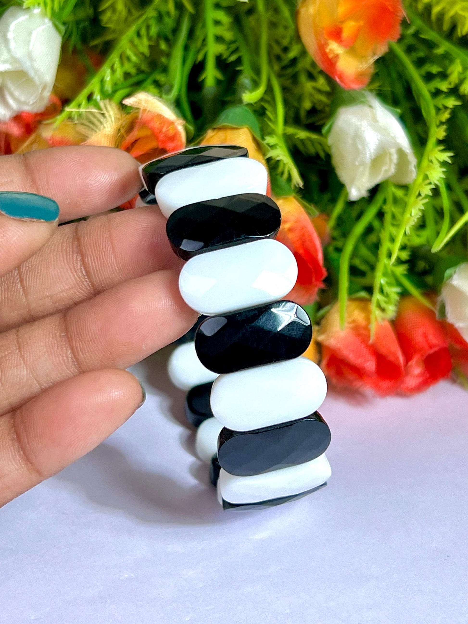 20 MM Black Azeztulite and White Azeztulite Stone Bracelet l Stretchable Bracelet