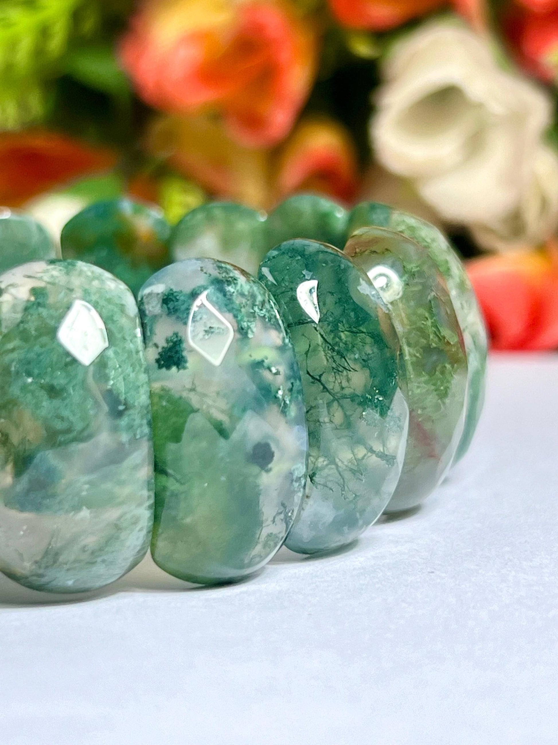 25 MM Moss Agate Stone Bracelet l Stretchable Bracelet