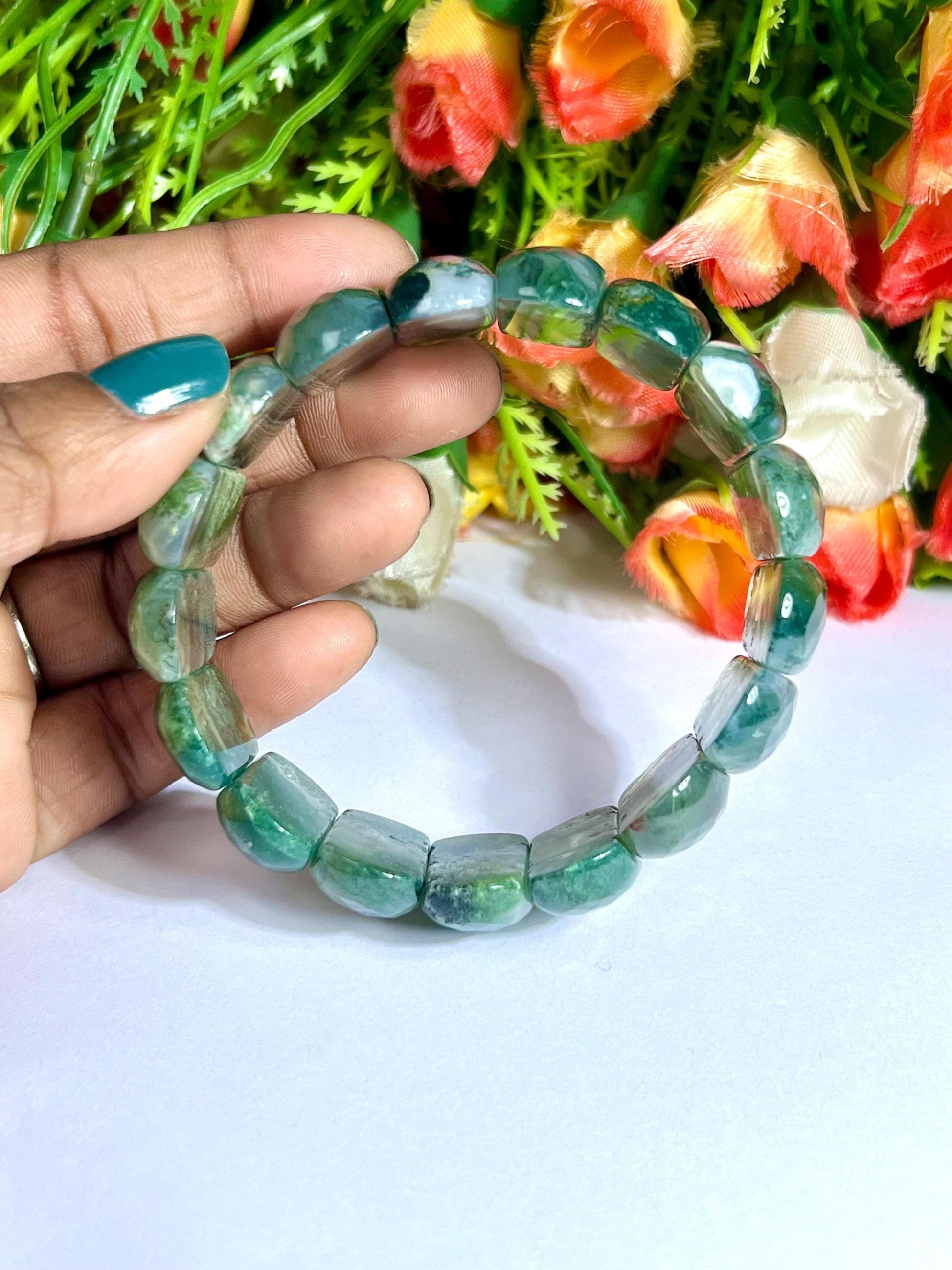 25 MM Moss Agate Stone Bracelet l Stretchable Bracelet