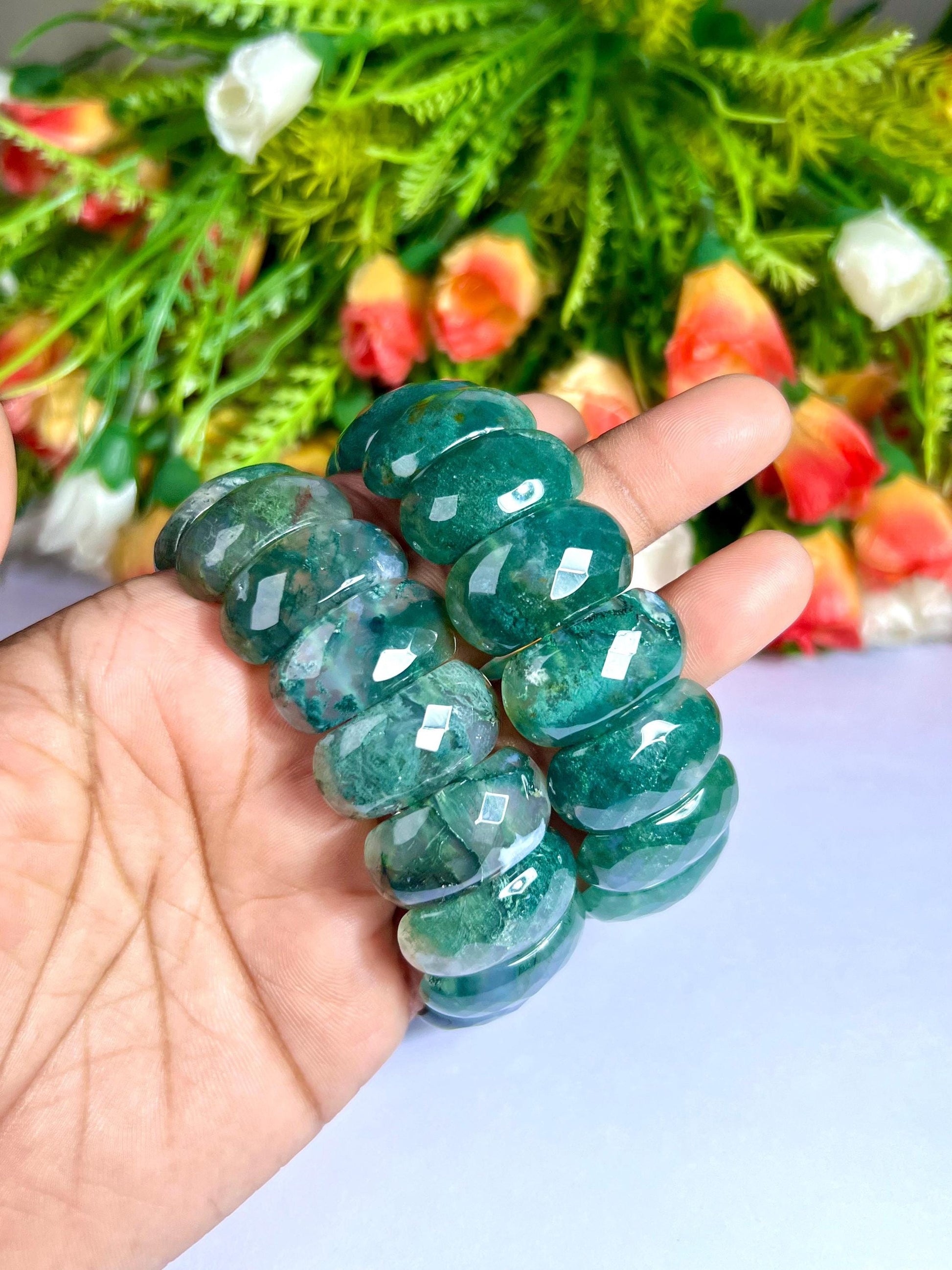 25 MM Moss Agate Stone Bracelet l Stretchable Bracelet