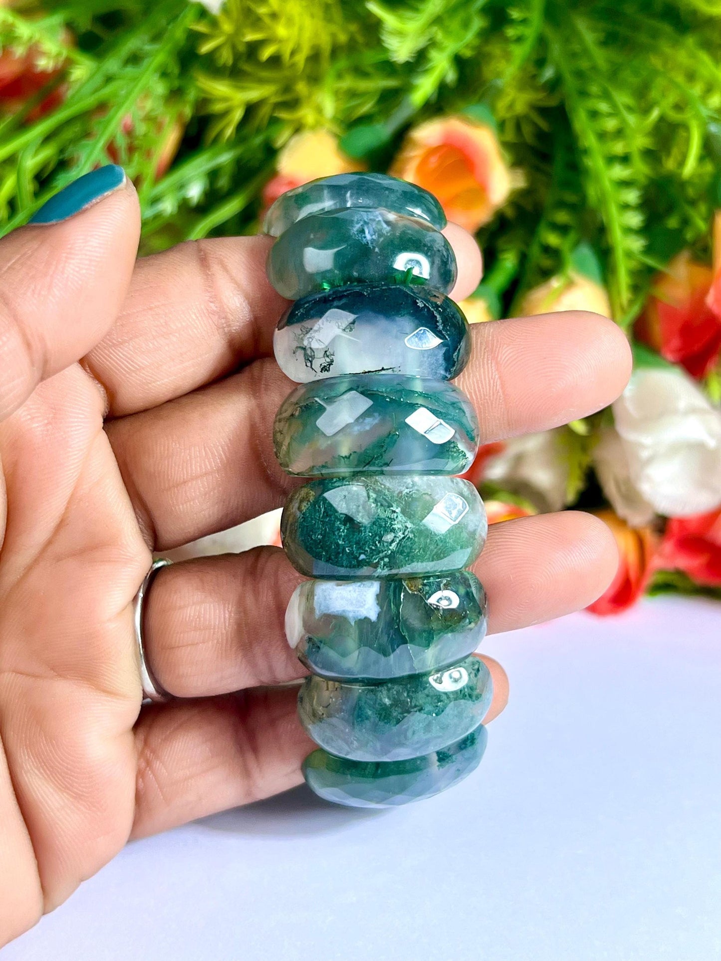 25 MM Moss Agate Stone Bracelet l Stretchable Bracelet