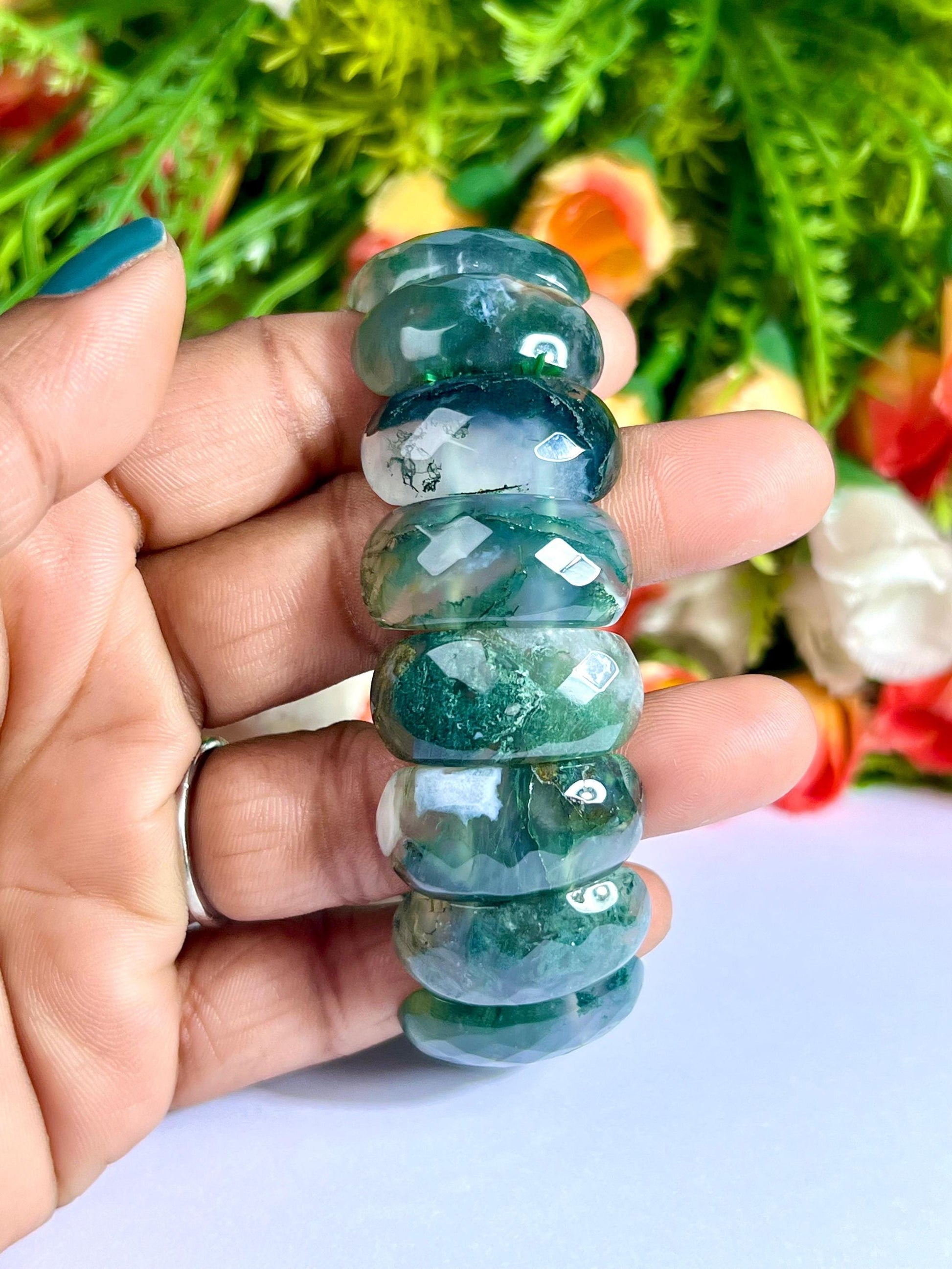 25 MM Moss Agate Stone Bracelet l Stretchable Bracelet