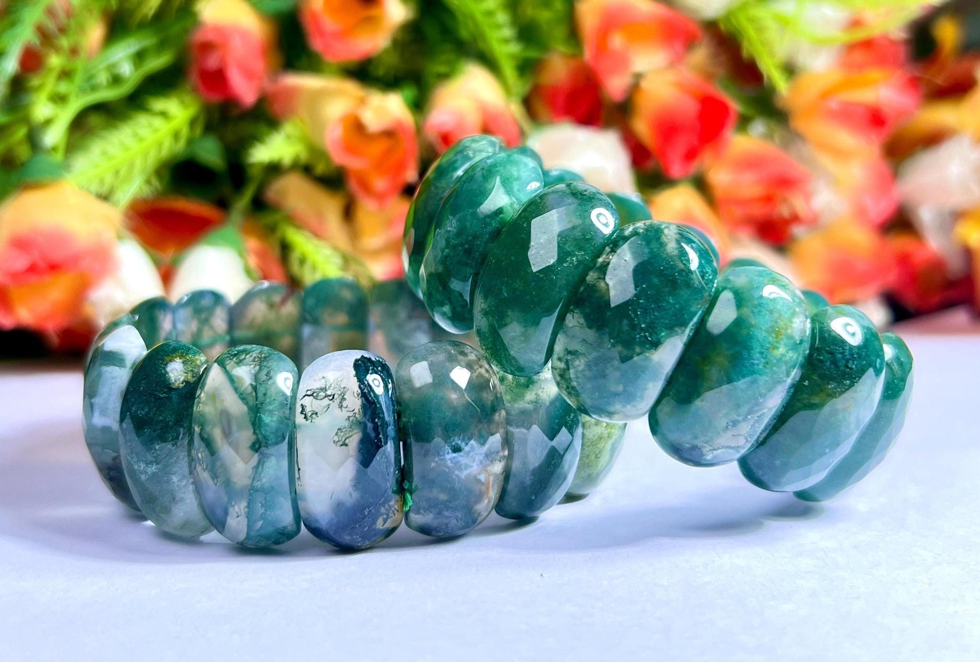 25 MM Moss Agate Stone Bracelet l Stretchable Bracelet
