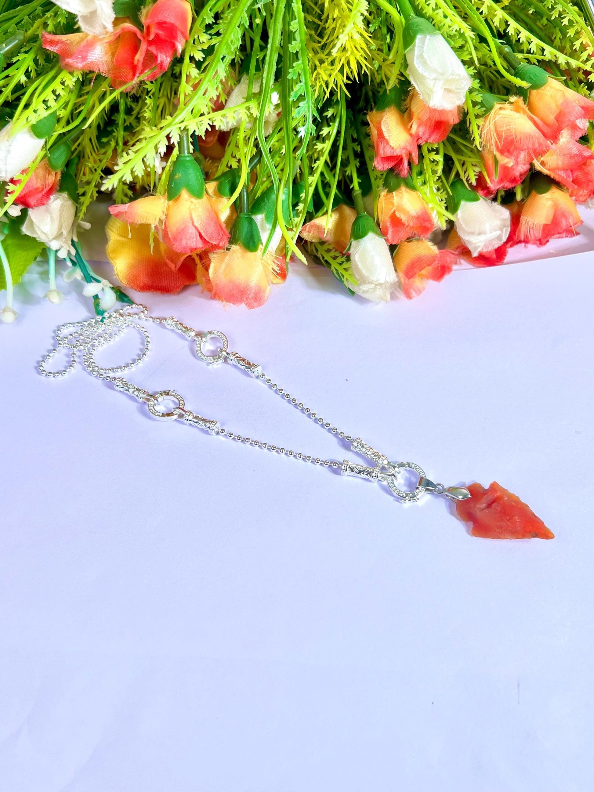 Carnelian Stone Crystal Arrowhead Necklace for Women Silver Chain Necklace, Crystal Jewelry, Mothers Day Gift (Free Velvet Pouch)