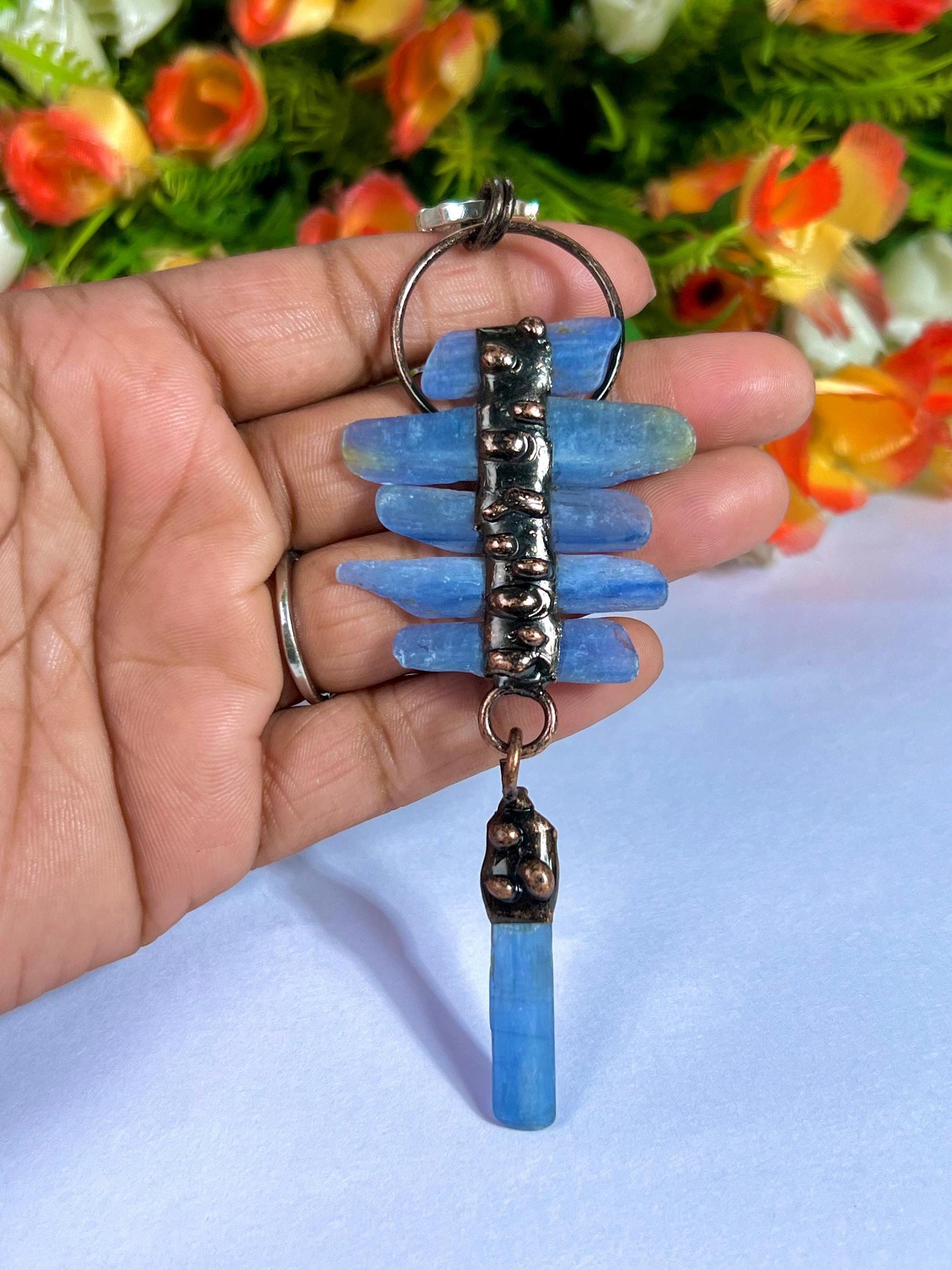 Blue Kyanite Stone Crystal Pendant for Men Women Silver Chain Necklace, Crystal Jewelry, Mothers Day Gift (Free Velvet Pouch)