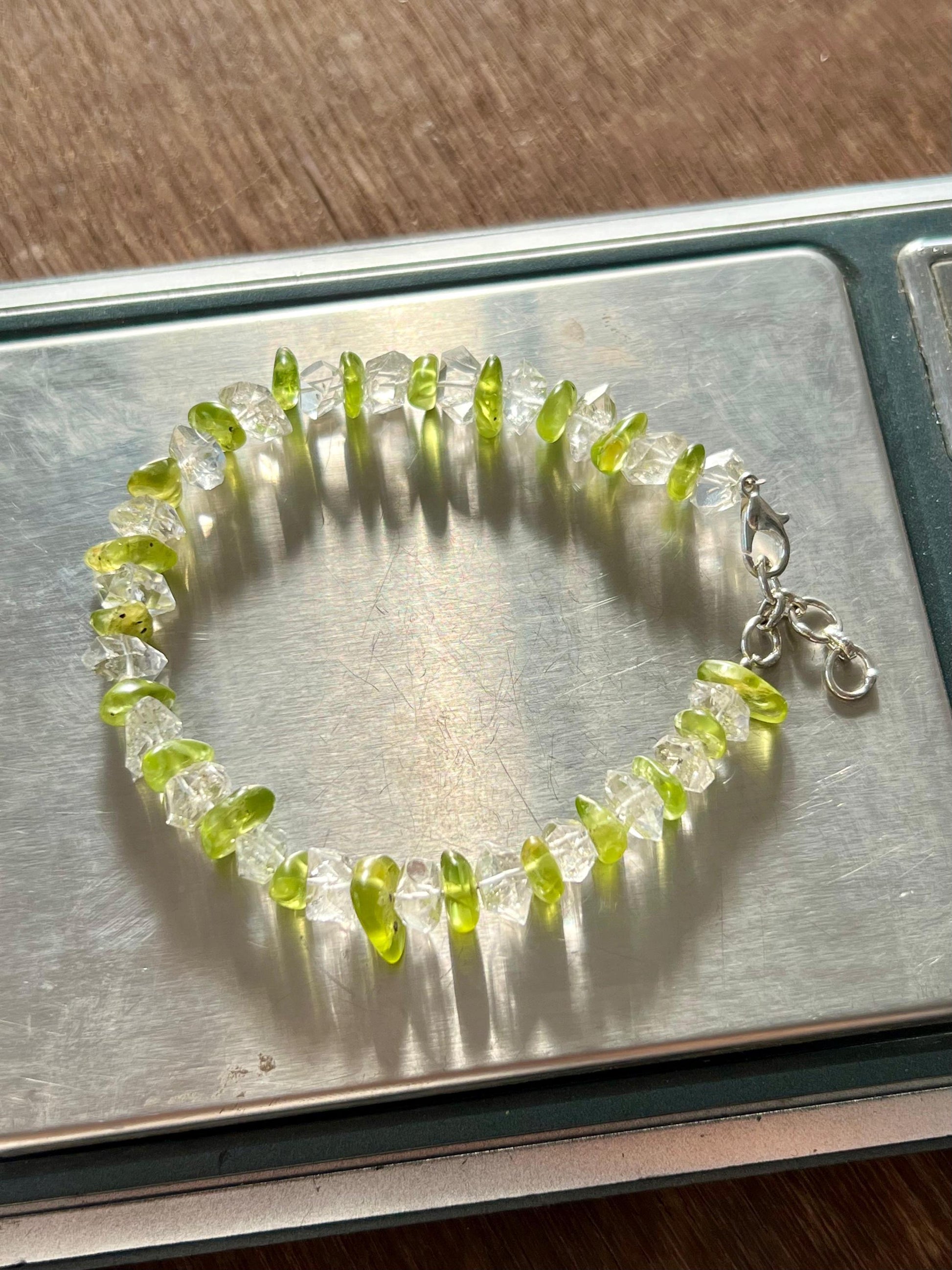 Herkimer Diamond and Peridot Stone Bracelet l Adjustable Bracelet l Unisex Bracelet
