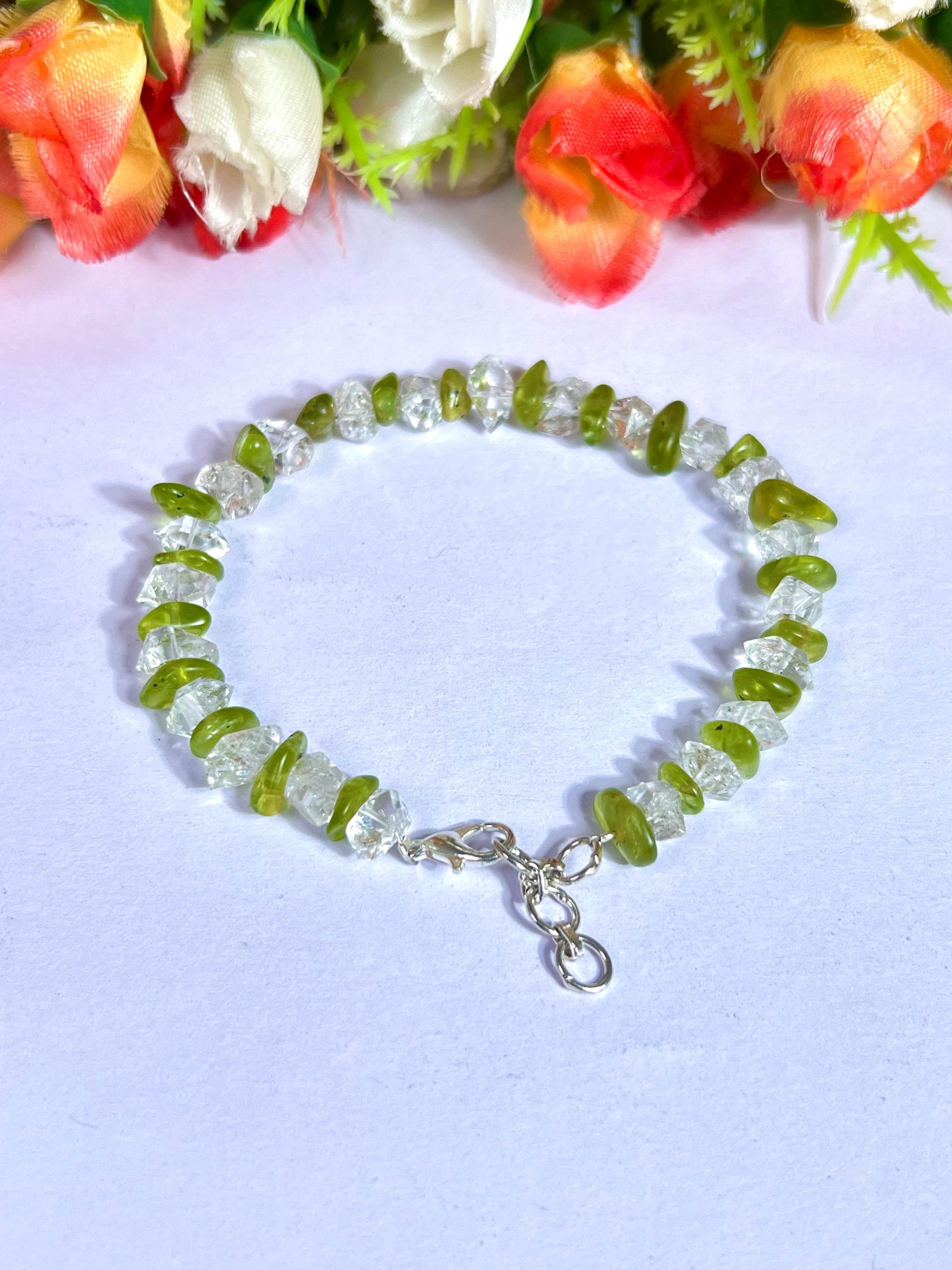 Herkimer Diamond and Peridot Stone Bracelet l Adjustable Bracelet l Unisex Bracelet