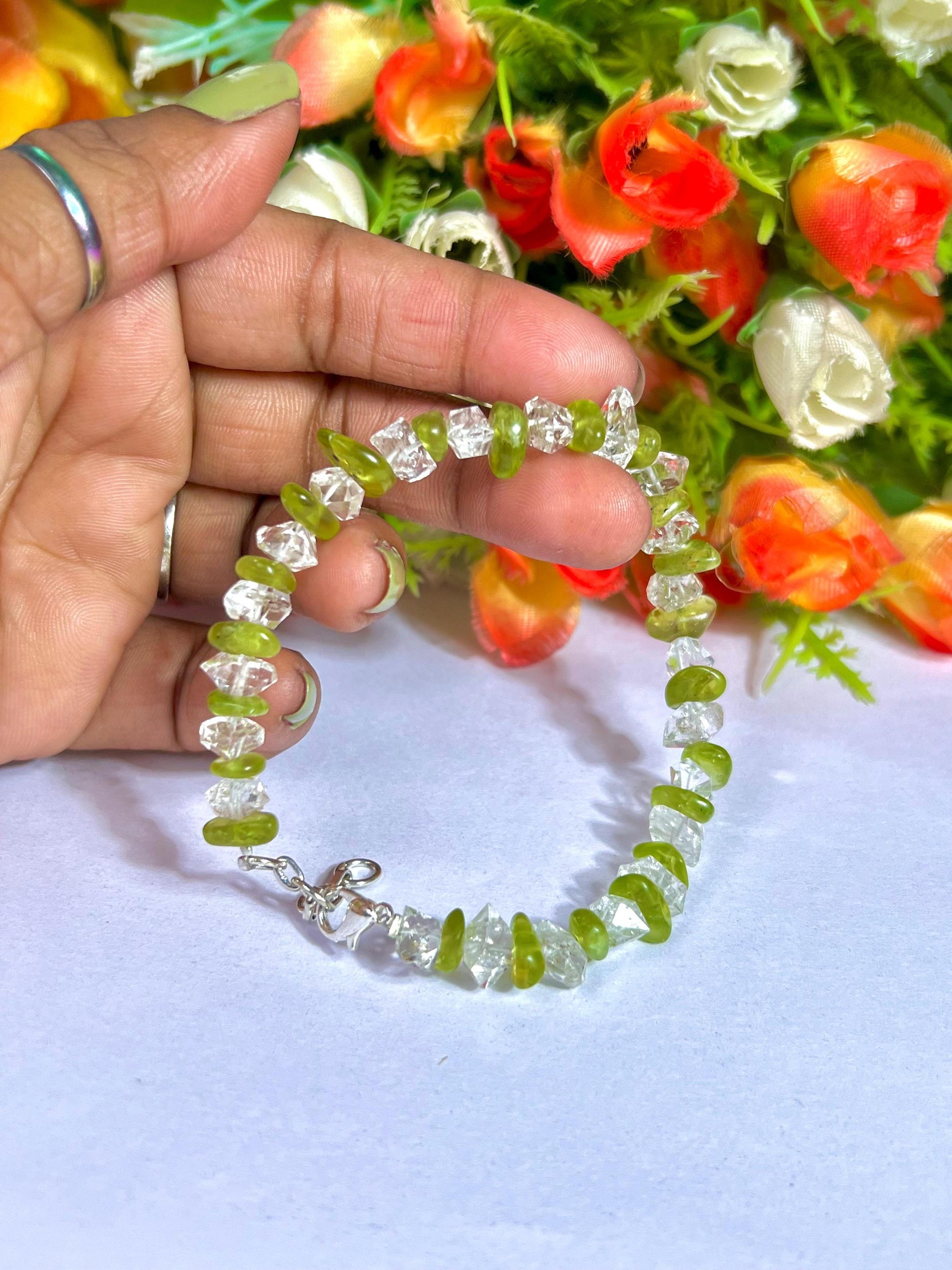 Herkimer Diamond and Peridot Stone Bracelet l Adjustable Bracelet l Unisex Bracelet