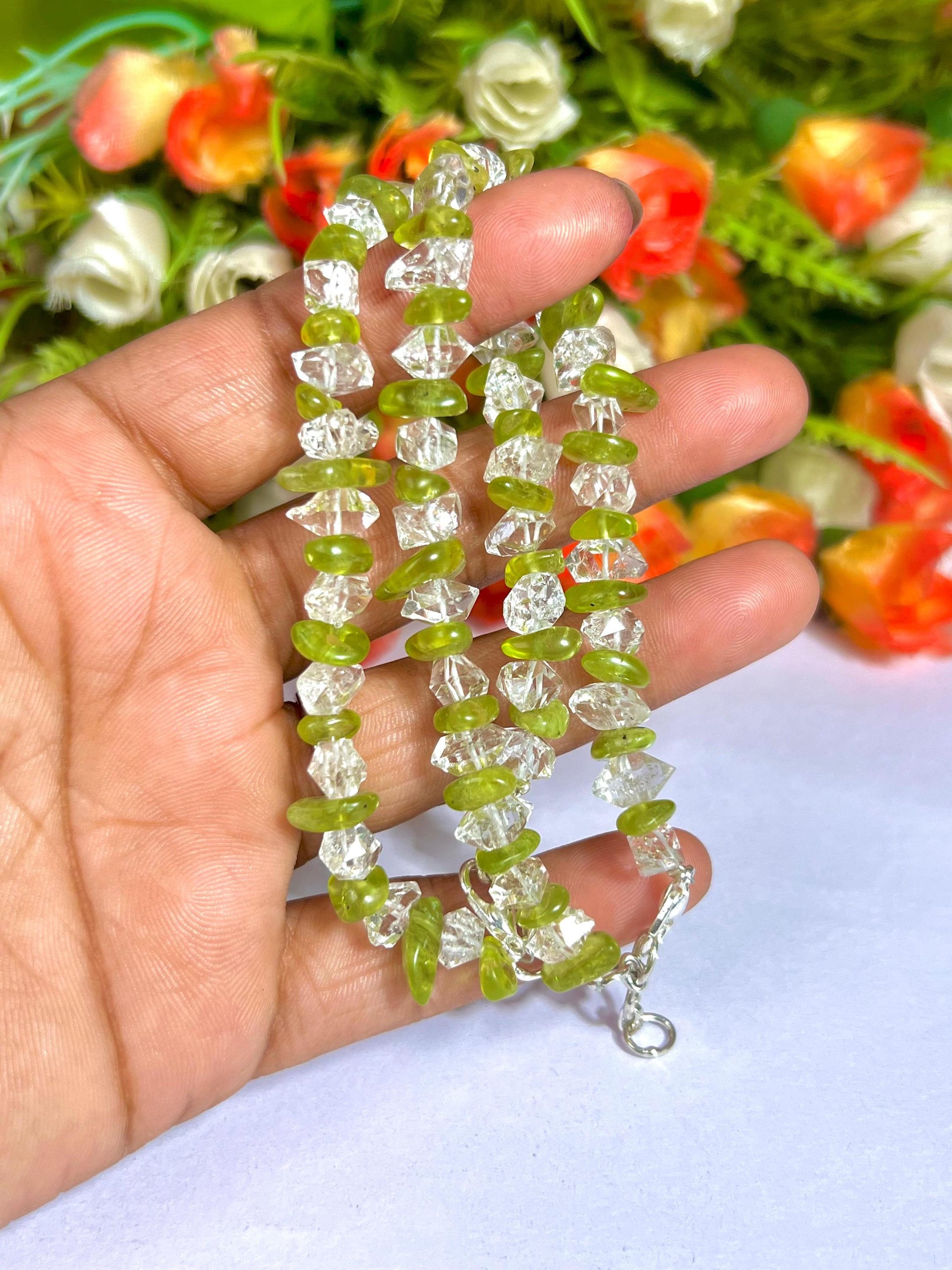 Herkimer Diamond and Peridot Stone Bracelet l Adjustable Bracelet l Unisex Bracelet