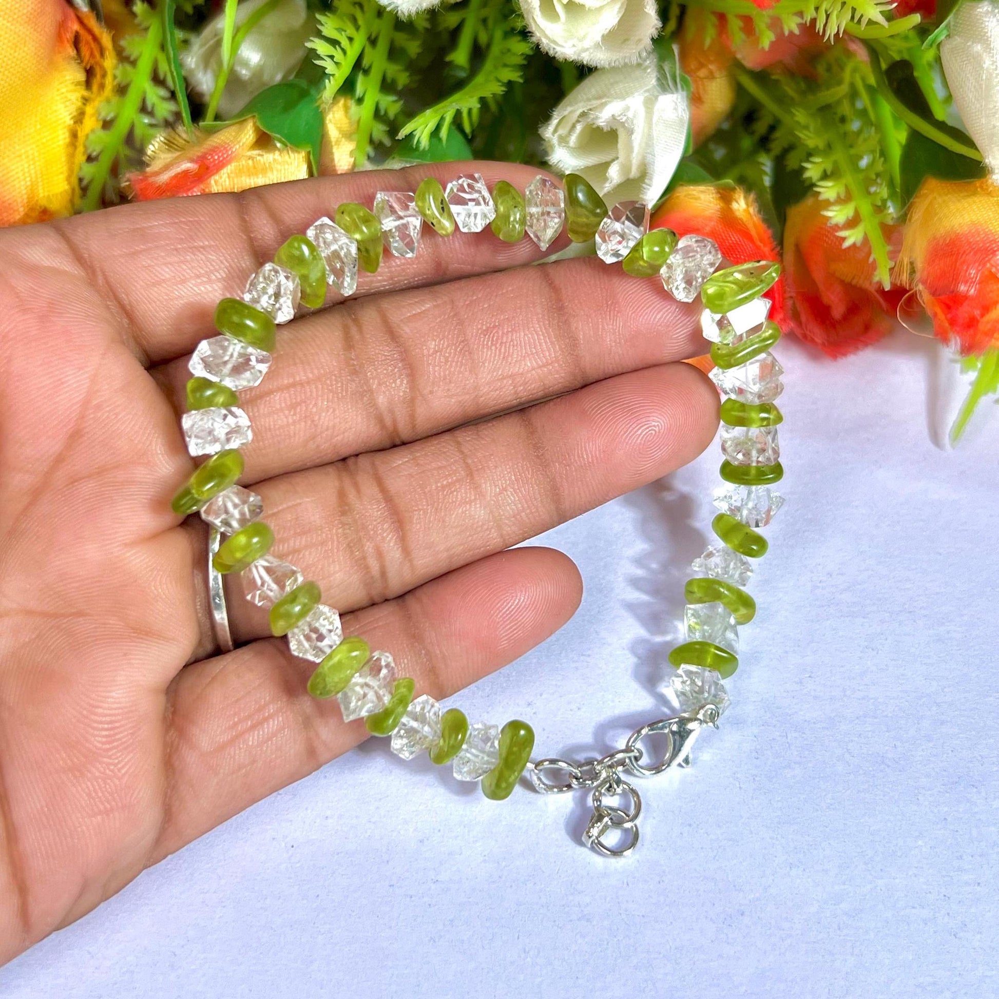 Herkimer Diamond and Peridot Stone Bracelet l Adjustable Bracelet l Unisex Bracelet