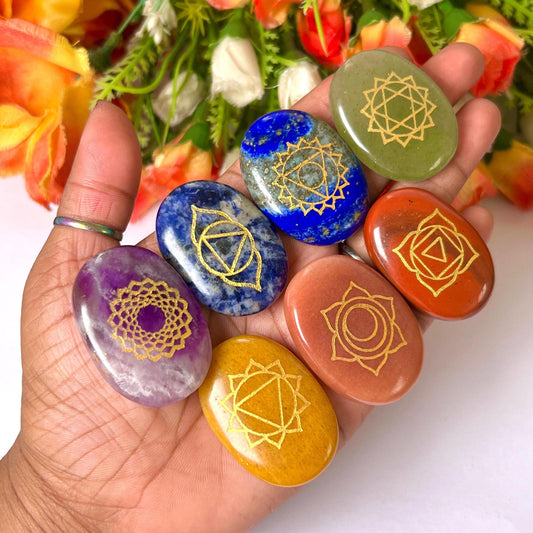 7 Seven Chakra Stones Oval Set With Switch Words, Engraved Healing Crystals Chakra Kit With Gift Pouch