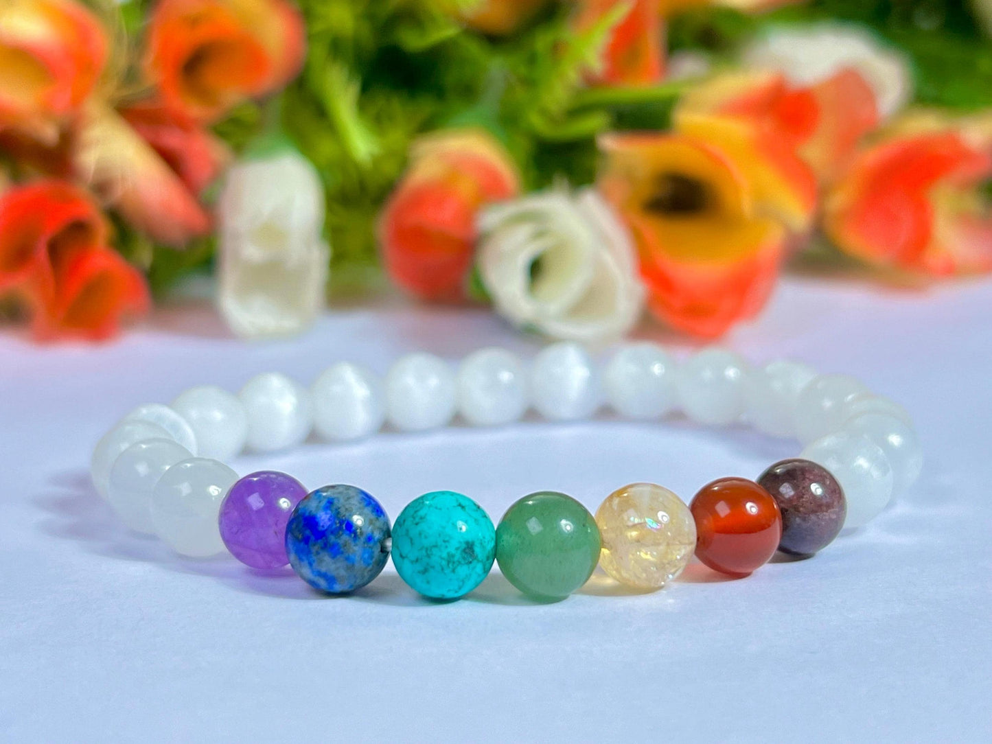 7 Chakra With Selenite Stone Bracelet l Stretchable Bracelet l Unisex Bracelet l 8 MM Bracelet