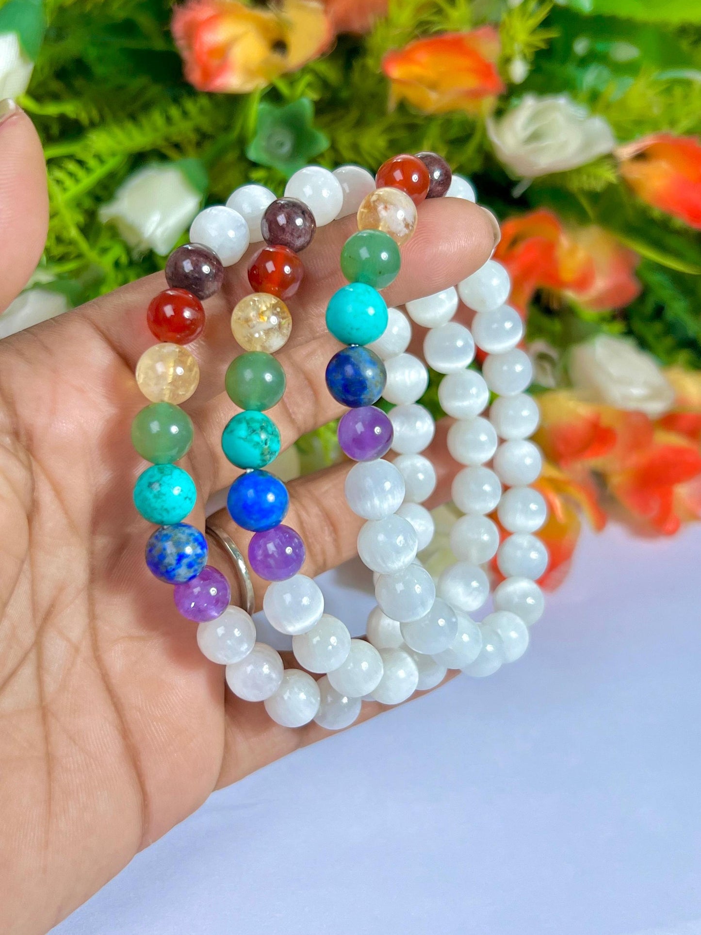 7 Chakra With Selenite Stone Bracelet l Stretchable Bracelet l Unisex Bracelet l 8 MM Bracelet